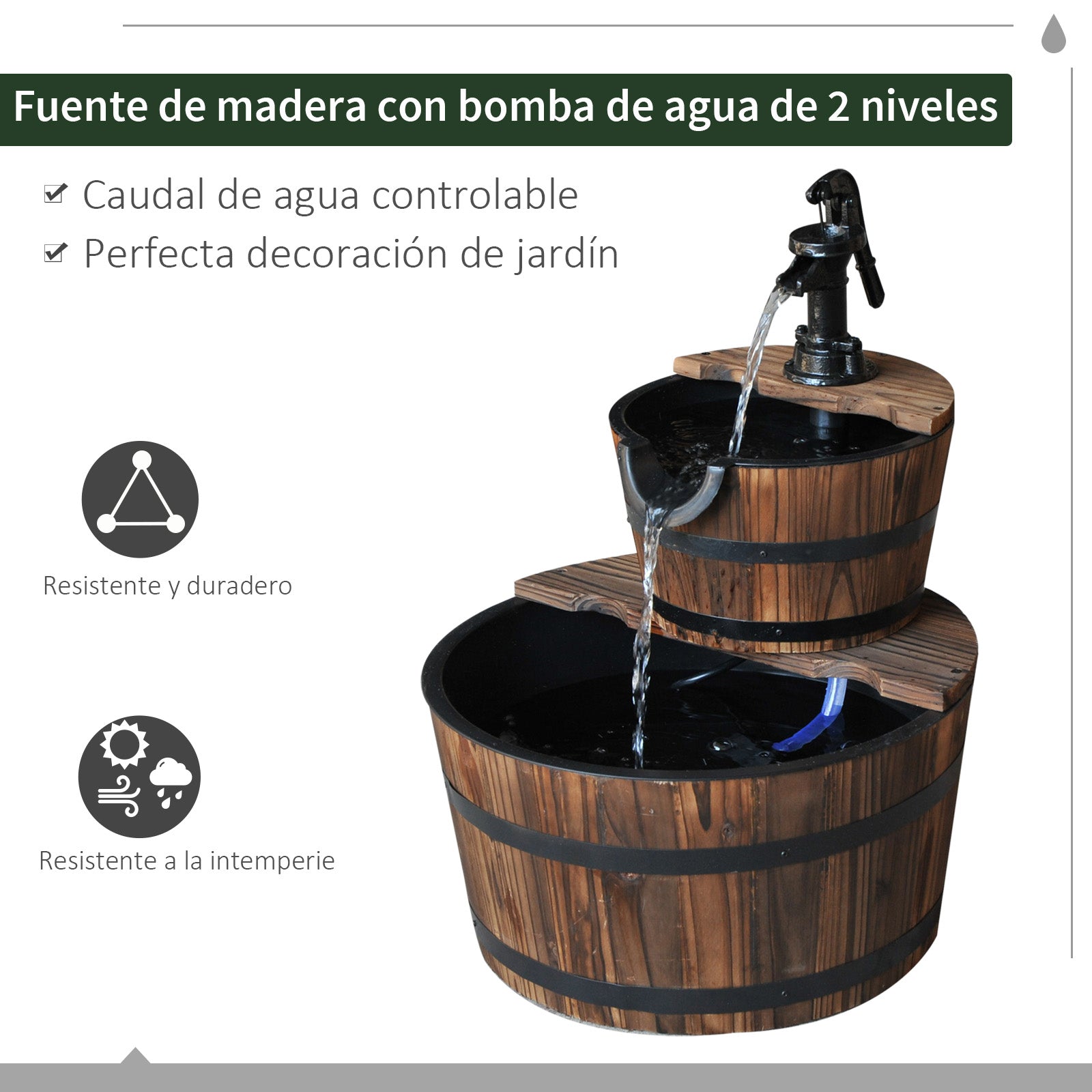Outsunny Fuente de Agua de Madera Fuente de Jardín en Cascada de 2 Niveles con Bomba Eléctrica y Salida de Agua Ajustable para Decoración Patio Terraza 44,5x44,5x58,5 cm Natural