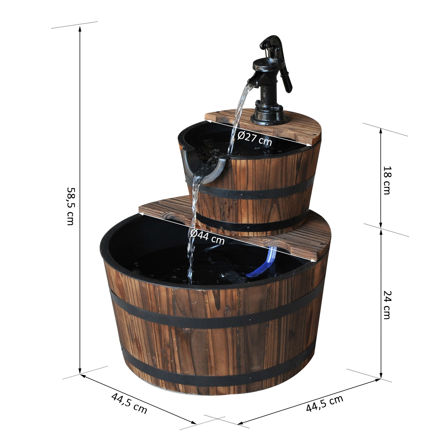 Outsunny Fuente de Agua de Madera Fuente de Jardín en Cascada de 2 Niveles con Bomba Eléctrica y Salida de Agua Ajustable para Decoración Patio Terraza 44,5x44,5x58,5 cm Natural