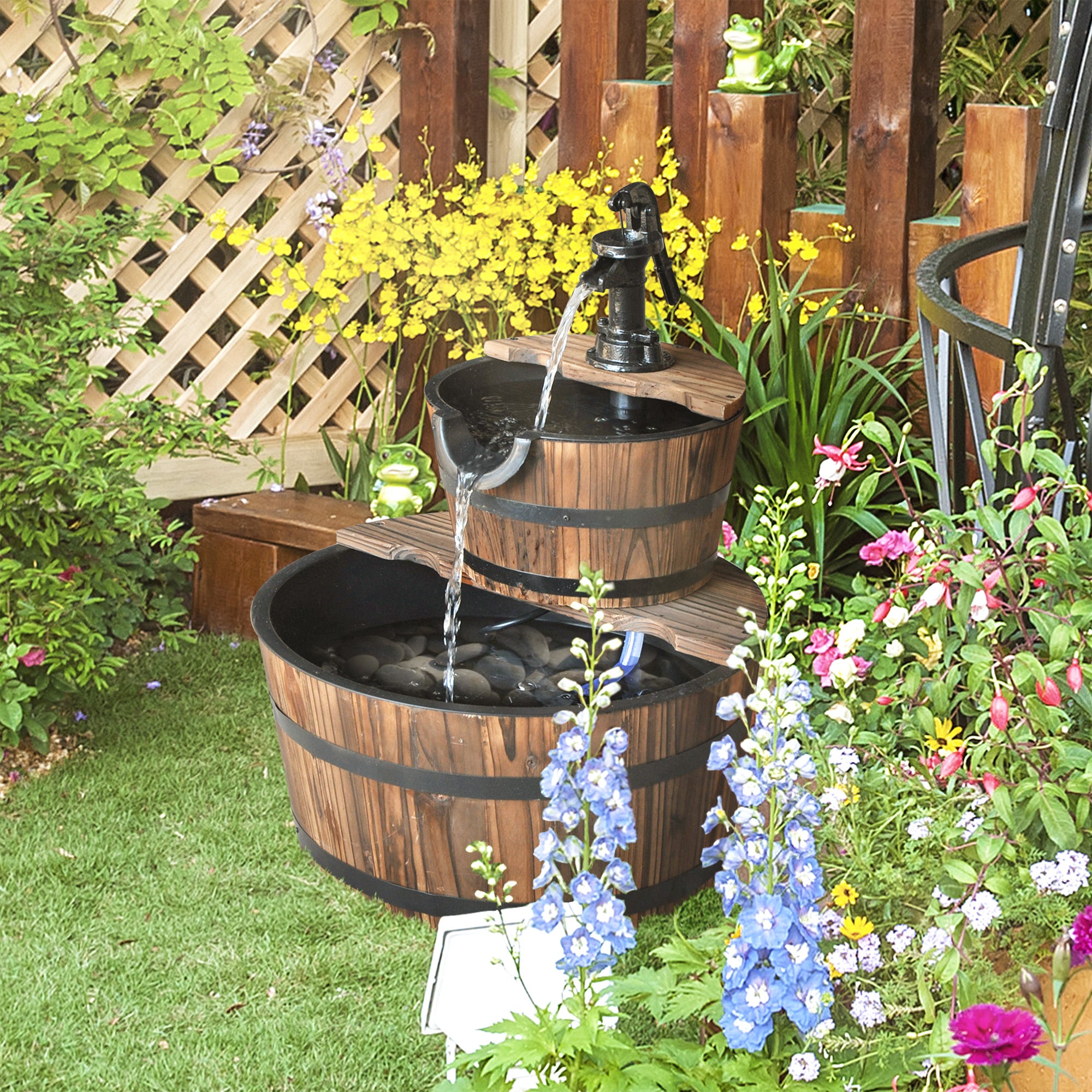 Outsunny Fuente de Agua de Madera Fuente de Jardín en Cascada de 2 Niveles con Bomba Eléctrica y Salida de Agua Ajustable para Decoración Patio Terraza 44,5x44,5x58,5 cm Natural