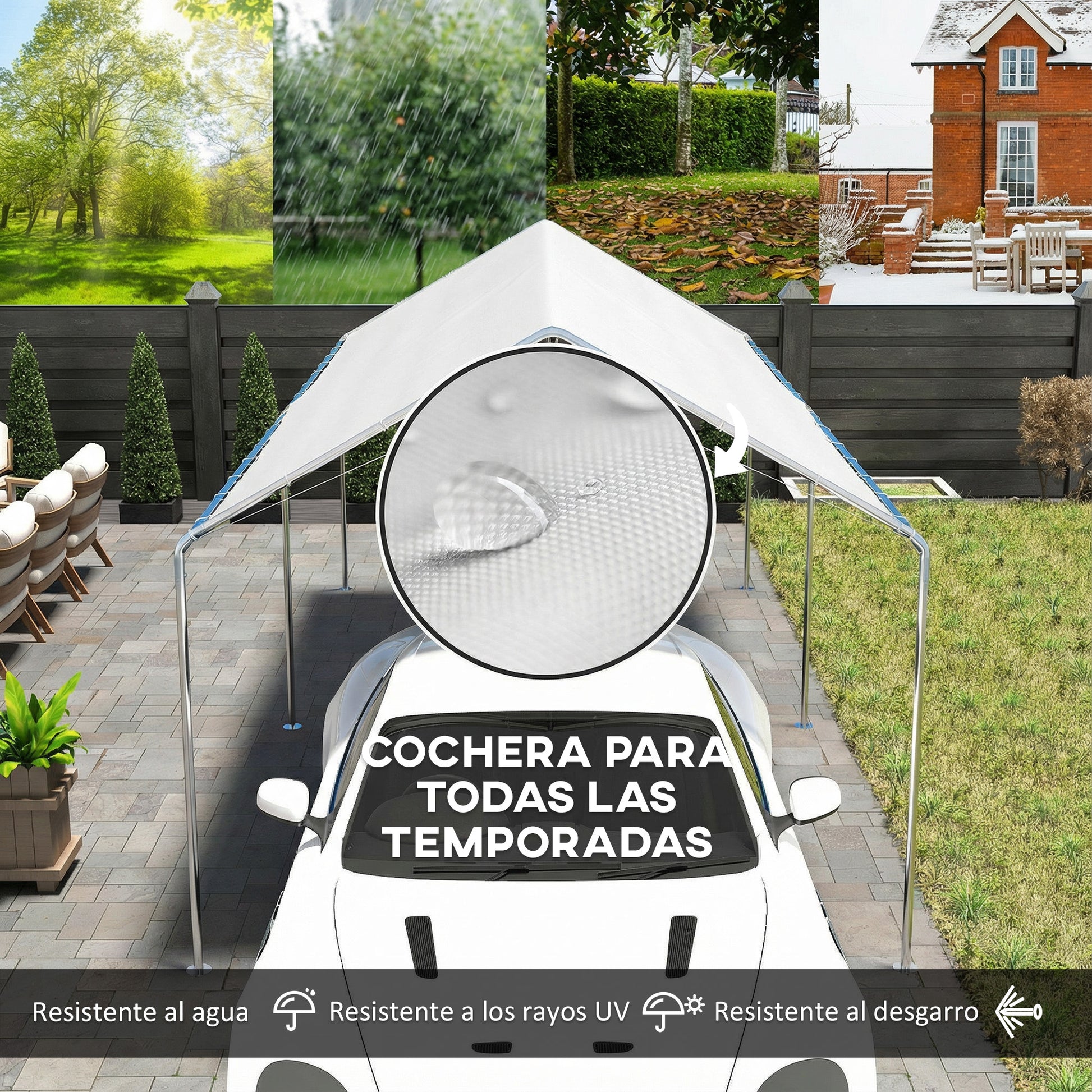 Outsunny Carpa Garaje para Coche 3x6 m, Cochera Exterior Portátil con Marco de Acero Galvanizado, Impermeable, Anti-UV, Pabellón Gazebo de Jardín con Accesorios, para Eventos, Fiestas, Blanco
