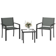 Outsunny Conjunto de Mesa y Sillas de Terraza Exterior 3 Piezas, Muebles de Jardín Exterior con 2 Sillas Anchas de Textilene, Mesa de Vidrio Templado, para Patio, Balcón, Gris Claro