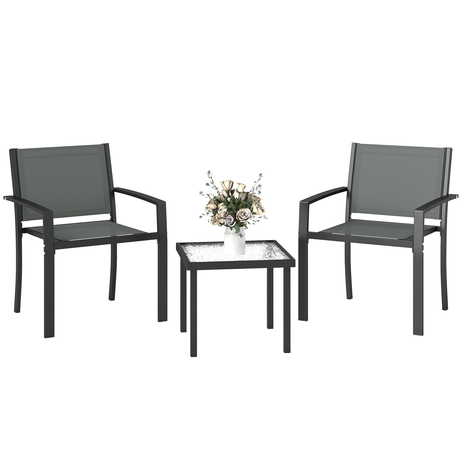 Outsunny Conjunto de Mesa y Sillas de Terraza Exterior 3 Piezas, Muebles de Jardín Exterior con 2 Sillas Anchas de Textilene, Mesa de Vidrio Templado, para Patio, Balcón, Gris Claro