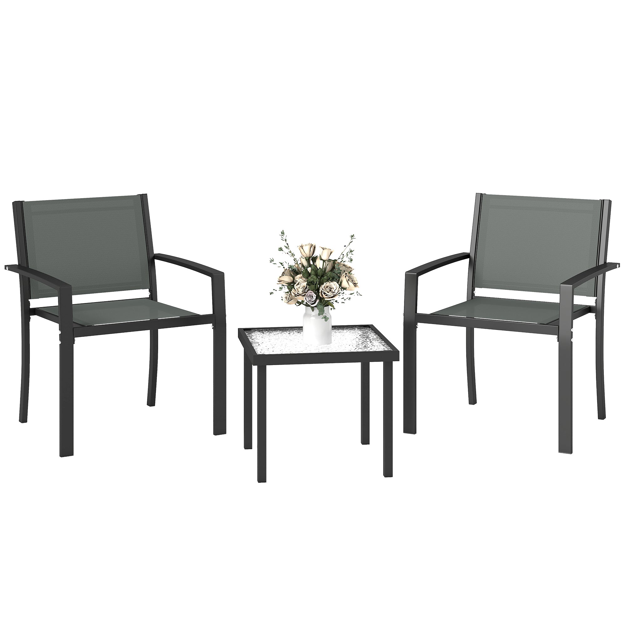 Outsunny Conjunto de Mesa y Sillas de Terraza Exterior 3 Piezas, Muebles de Jardín Exterior con 2 Sillas Anchas de Textilene, Mesa de Vidrio Templado, para Patio, Balcón, Gris Claro