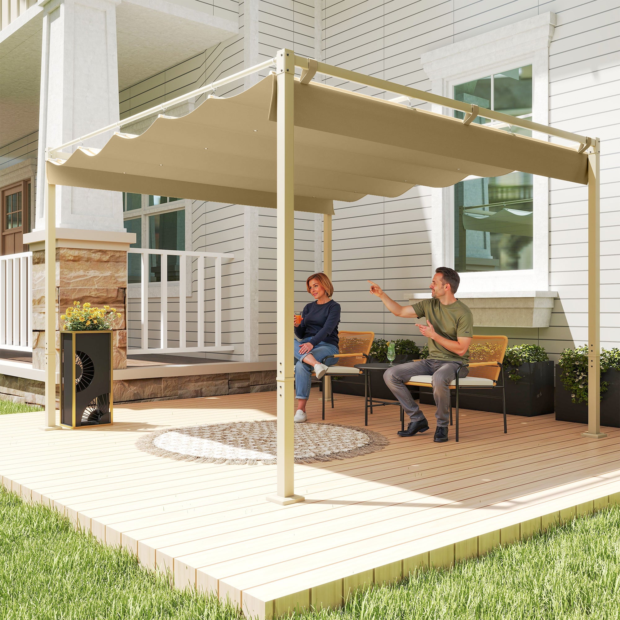 Outsunny Pérgola con Techo Retráctil Pérgola de 3x3 m Cenador de Pared o Independiente con Cierre Magnético Protección UV30+ Pabellón para Jardín Patio Terraza Exterior Caqui