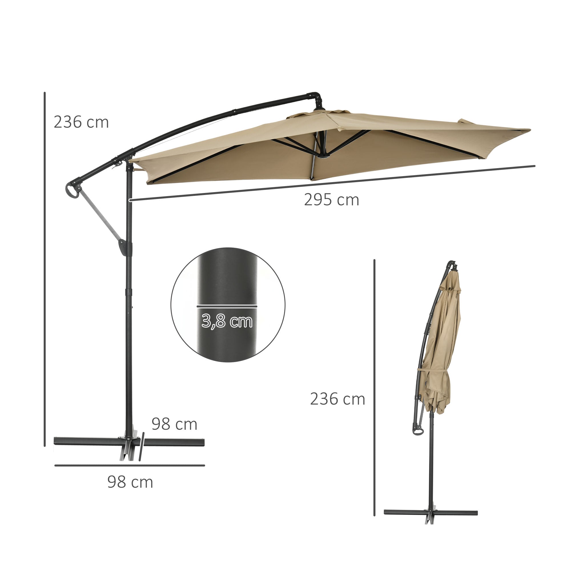 Outsunny Sombrilla Excéntrico Ø295x236 cm Parasol de Jardín con Manivela Manual Protección UV30+ Base Cruzada y 6 Varillas de Metal Beige