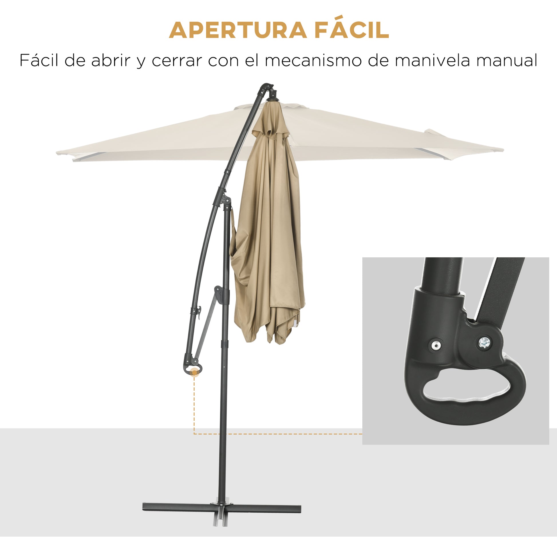 Outsunny Sombrilla Excéntrico Ø295x236 cm Parasol de Jardín con Manivela Manual Protección UV30+ Base Cruzada y 6 Varillas de Metal Beige