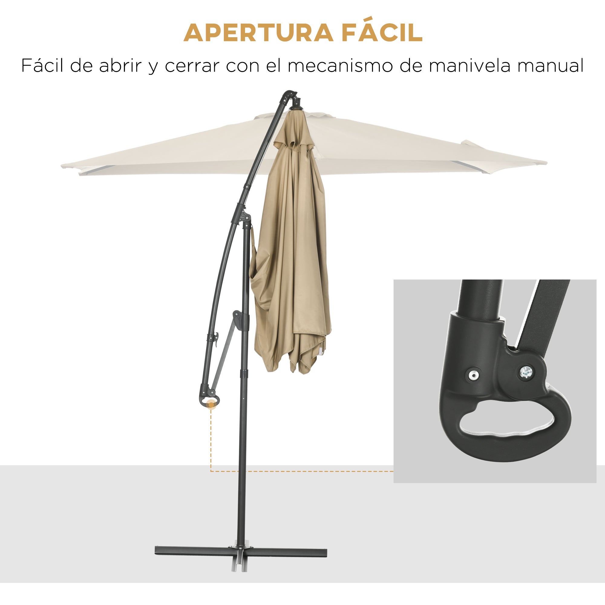 Outsunny Sombrilla Excéntrico Ø295x236 cm Parasol de Jardín con Manivela Manual Protección UV30+ Base Cruzada y 6 Varillas de Metal Beige