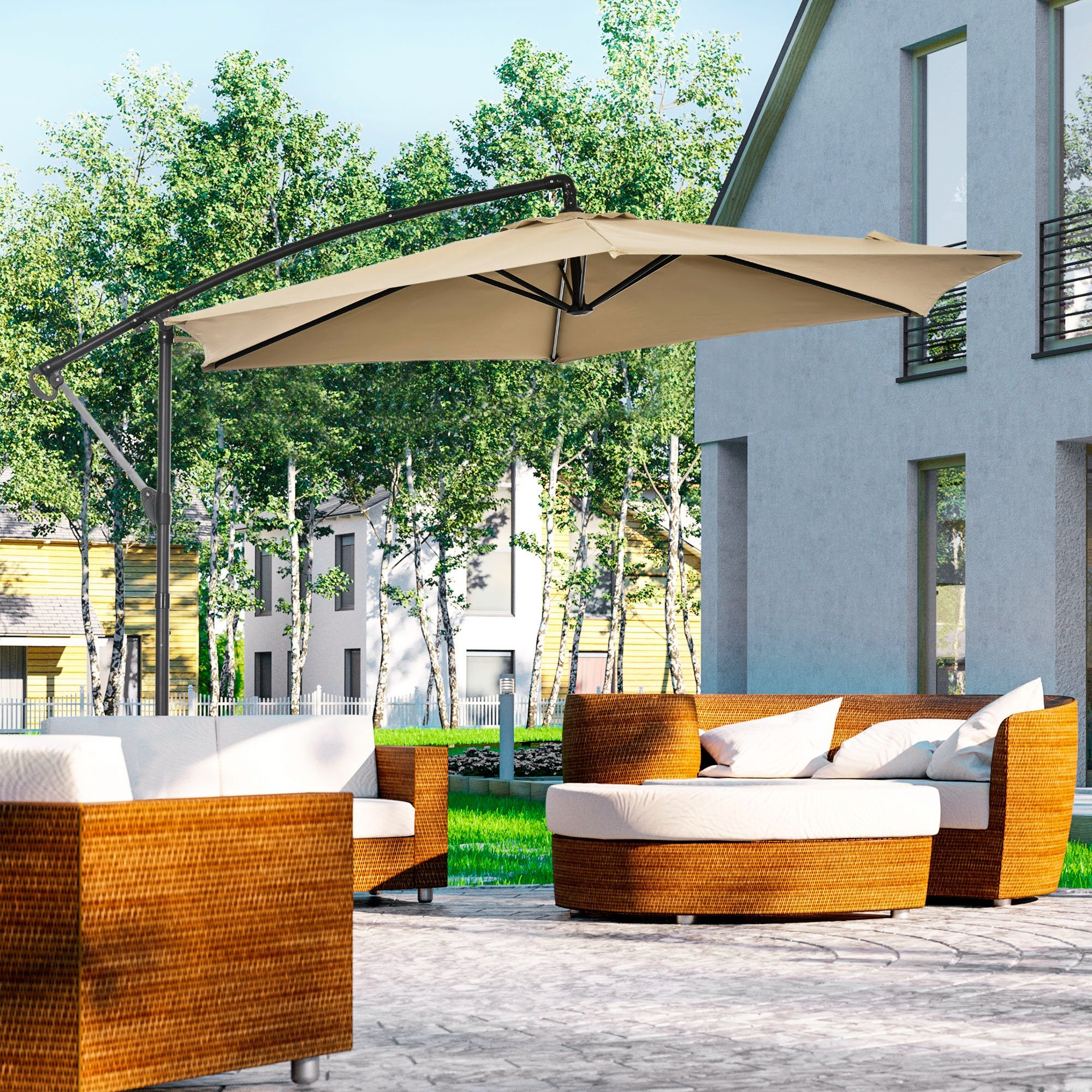 Outsunny Sombrilla Excéntrico Ø295x236 cm Parasol de Jardín con Manivela Manual Protección UV30+ Base Cruzada y 6 Varillas de Metal Beige
