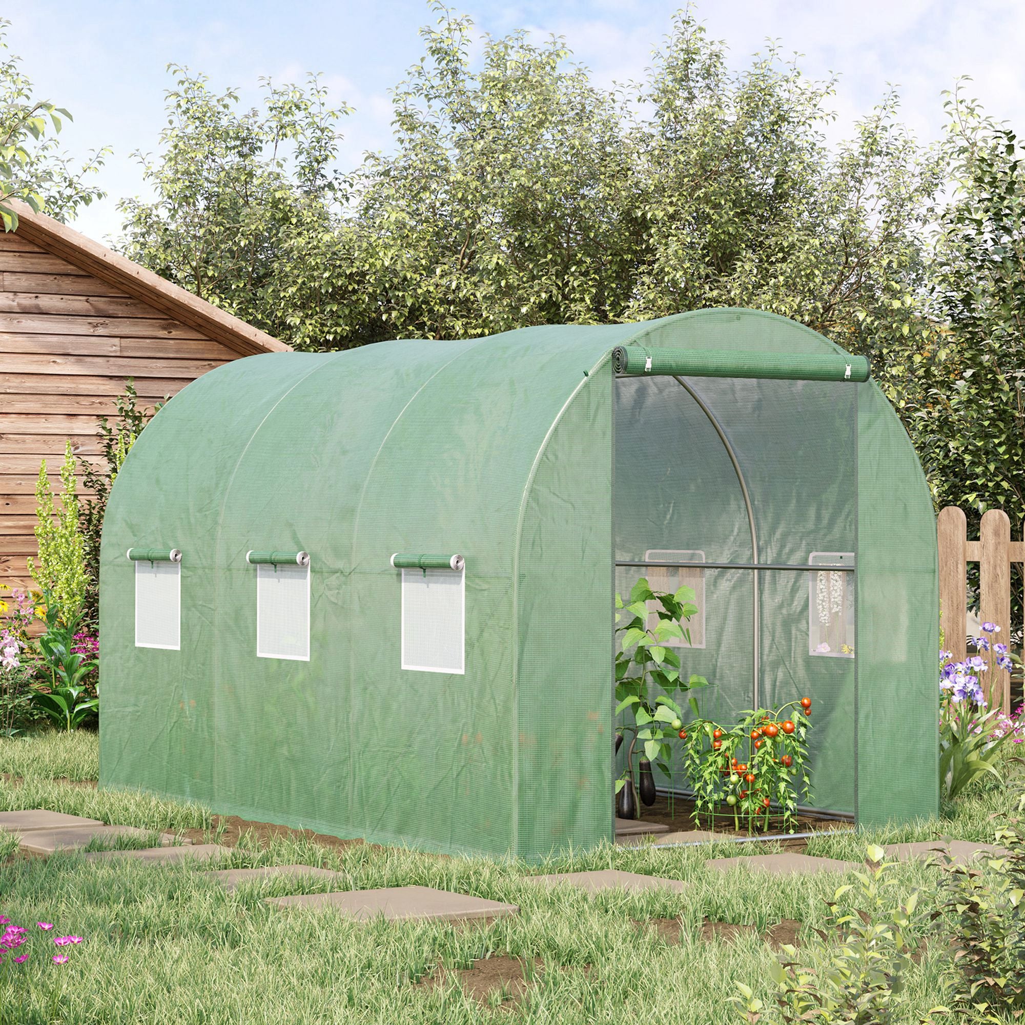 Outsunny Invernadero de Túnel 3x2x2 m Invernáculo de Jardín Exterior con Puerta Enrollable y 6 Ventanas Polietileno y Metal Galvanizado para Cultivos Plantas Flores Verde
