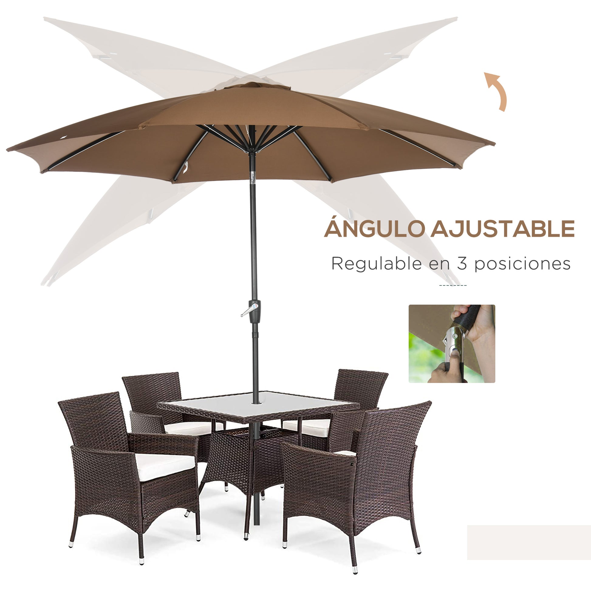 Outsunny Sombrilla de Jardín Ø300x252 cm Parasol de Terraza con Manivela Techo Inclinable y 8 Varillas de Metal para Patio Balcón Exterior Marrón