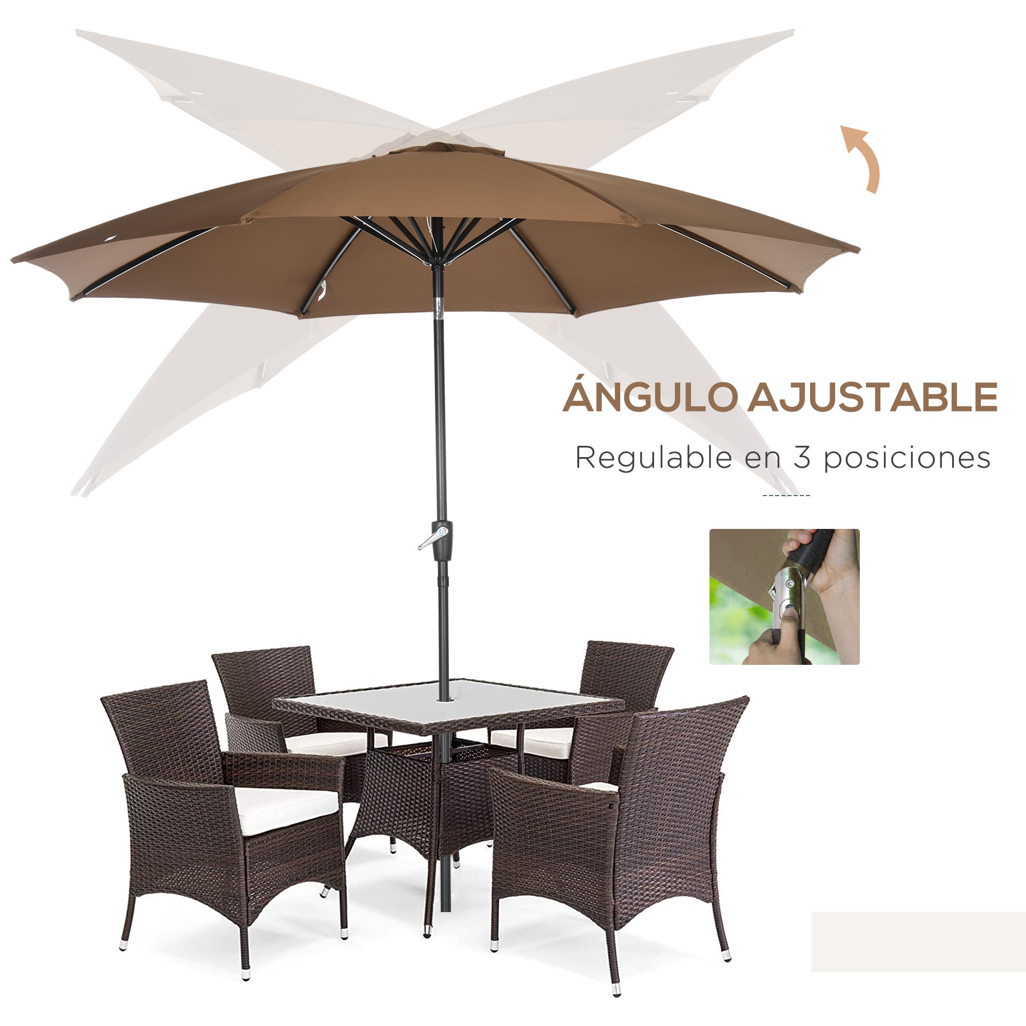Outsunny Sombrilla de Jardín Ø300x252 cm Parasol de Terraza con Manivela Techo Inclinable y 8 Varillas de Metal para Patio Balcón Exterior Marrón