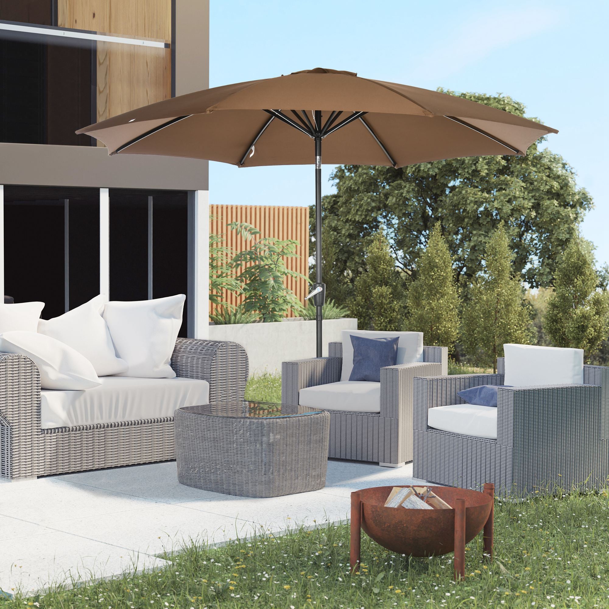 Outsunny Sombrilla de Jardín Ø300x252 cm Parasol de Terraza con Manivela Techo Inclinable y 8 Varillas de Metal para Patio Balcón Exterior Marrón
