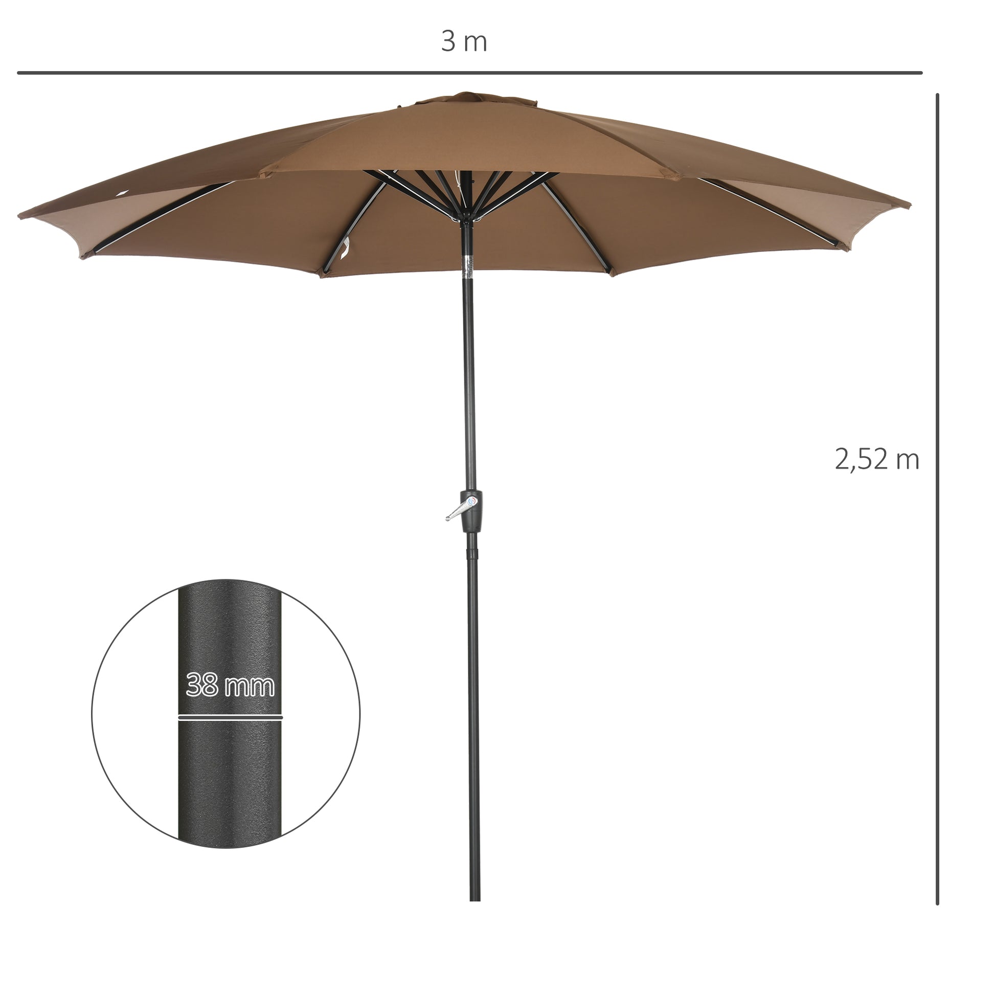 Outsunny Sombrilla de Jardín Ø300x252 cm Parasol de Terraza con Manivela Techo Inclinable y 8 Varillas de Metal para Patio Balcón Exterior Marrón