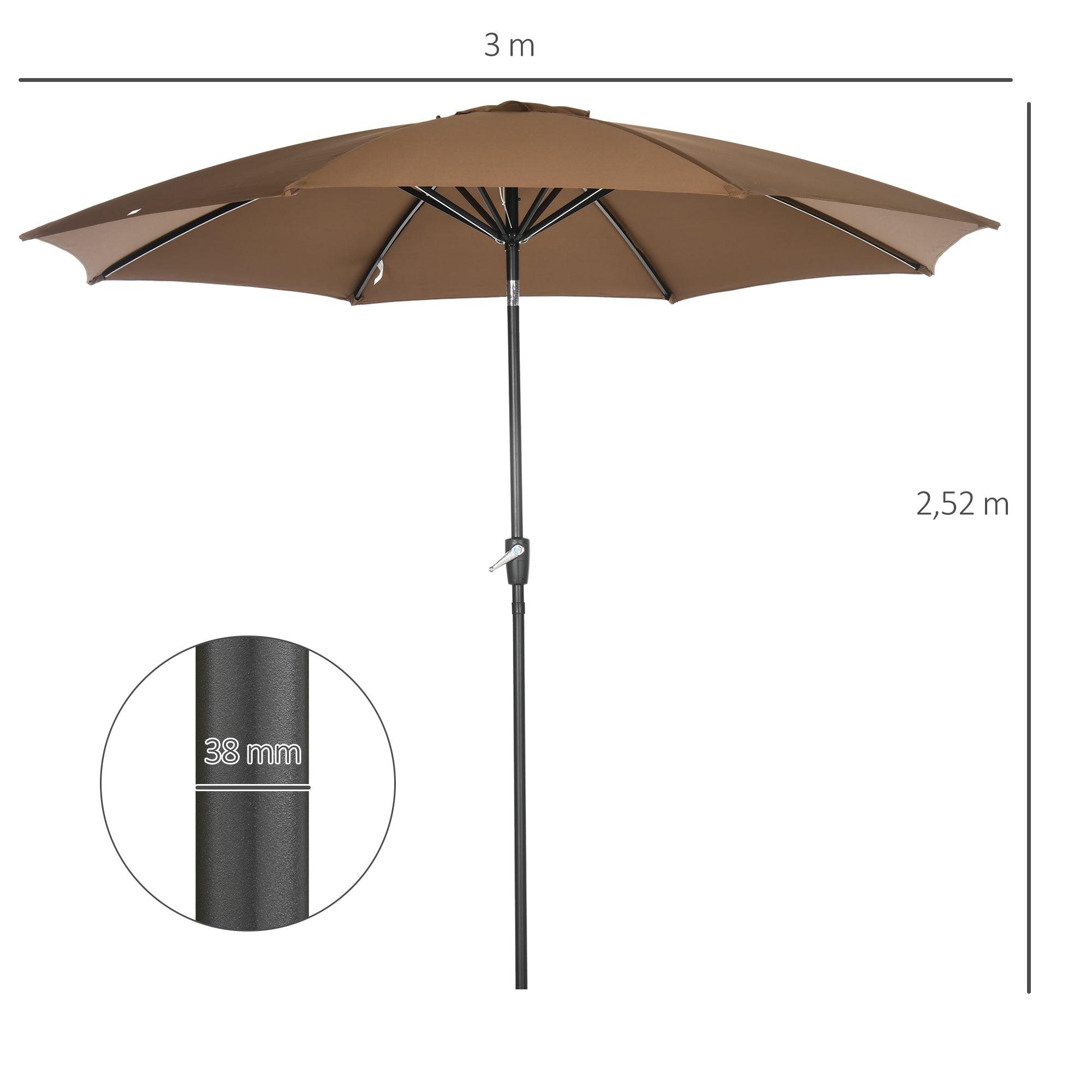 Outsunny Sombrilla de Jardín Ø300x252 cm Parasol de Terraza con Manivela Techo Inclinable y 8 Varillas de Metal para Patio Balcón Exterior Marrón