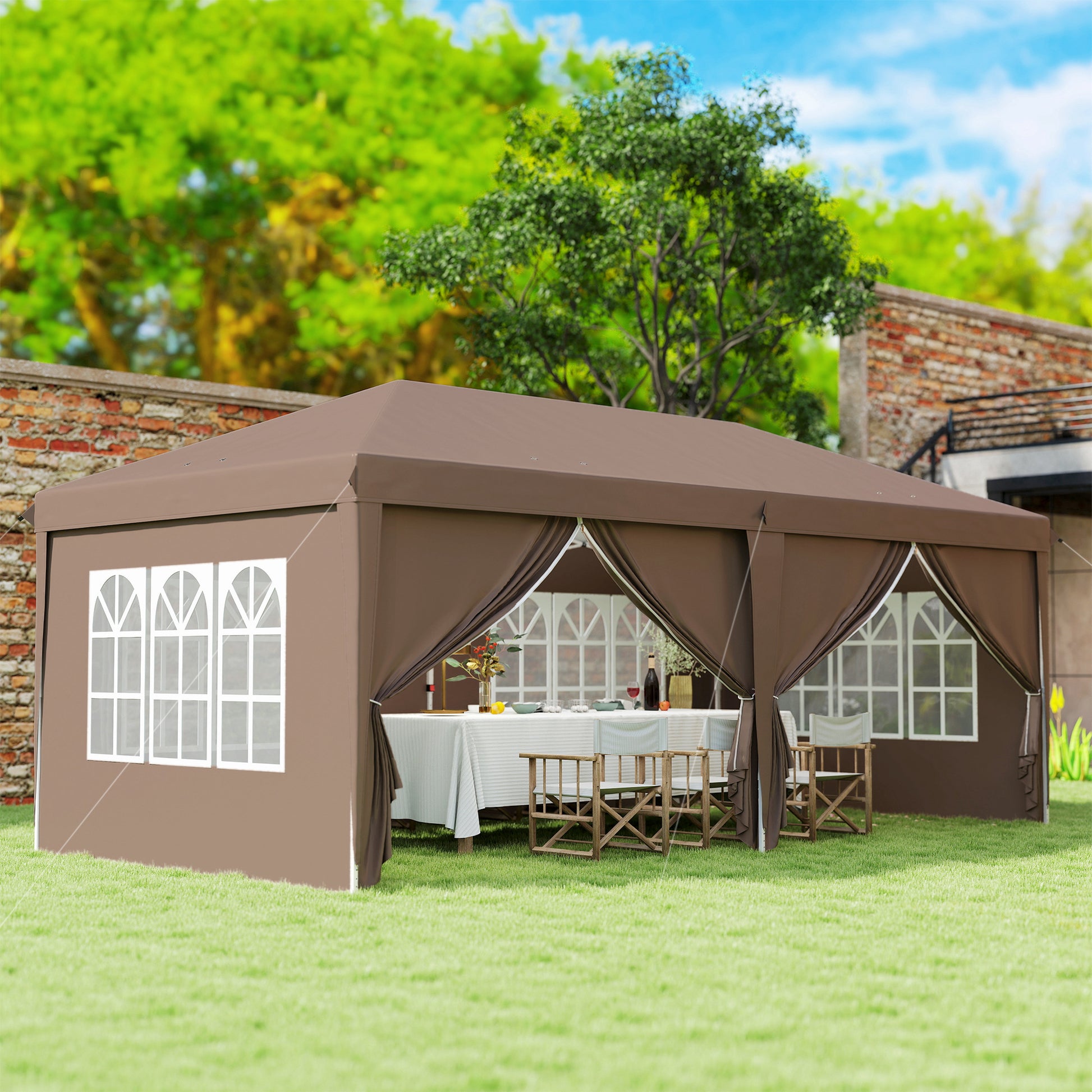 Outsunny Carpa Plegable 6x3 m, Pop-up, con 4 Laterales Desmontables, Cenador de Jardín con 4 Ventanas Visibles y Bolsa de Transporte, Impermeable, Anti-UV, Gazebo para Camping, Fiestas, Exterior, Café
