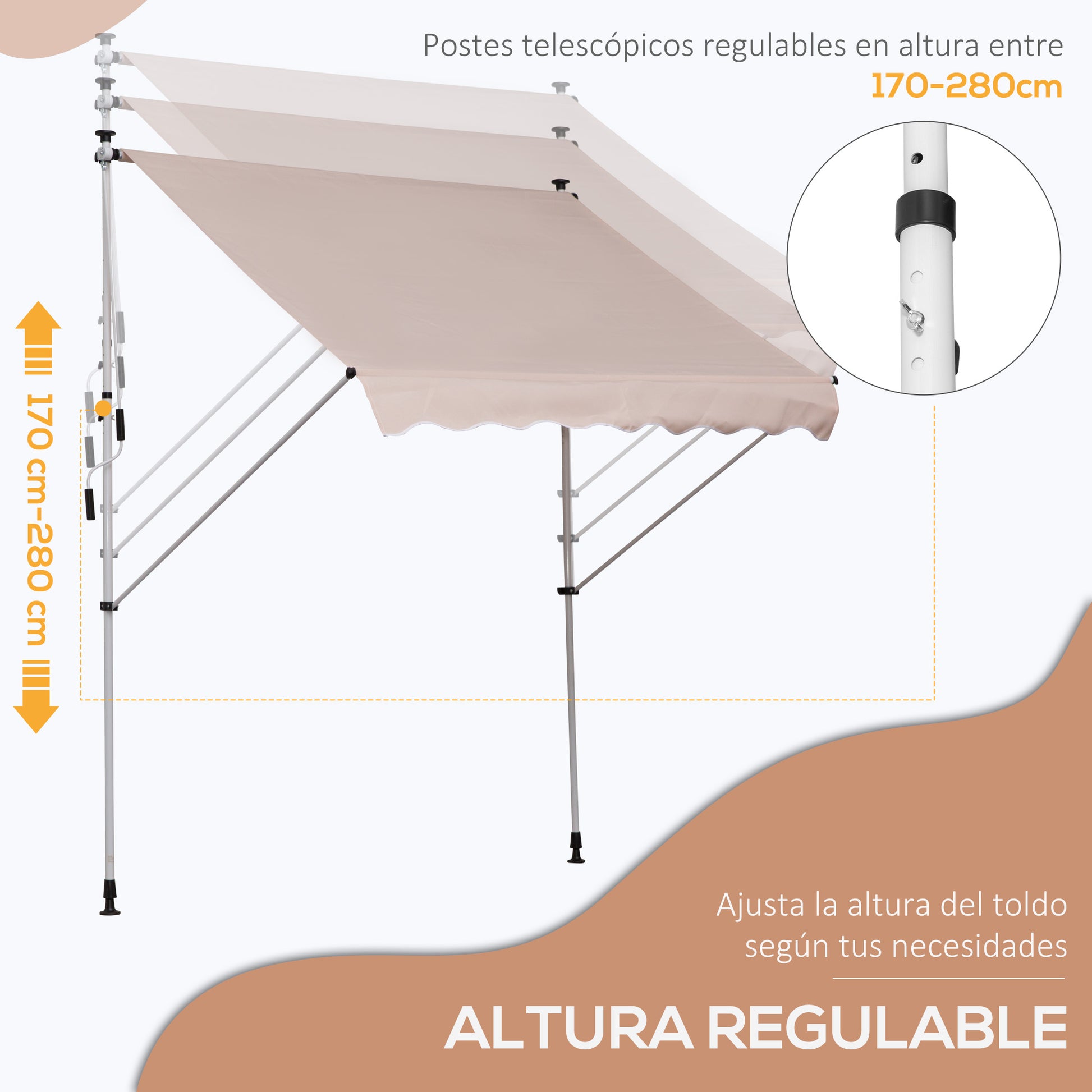 Outsunny Toldo Manual Retráctil Toldo para Balcón con Altura Ajustable Manivela y Protección Solar para Terraza Jardín Beige