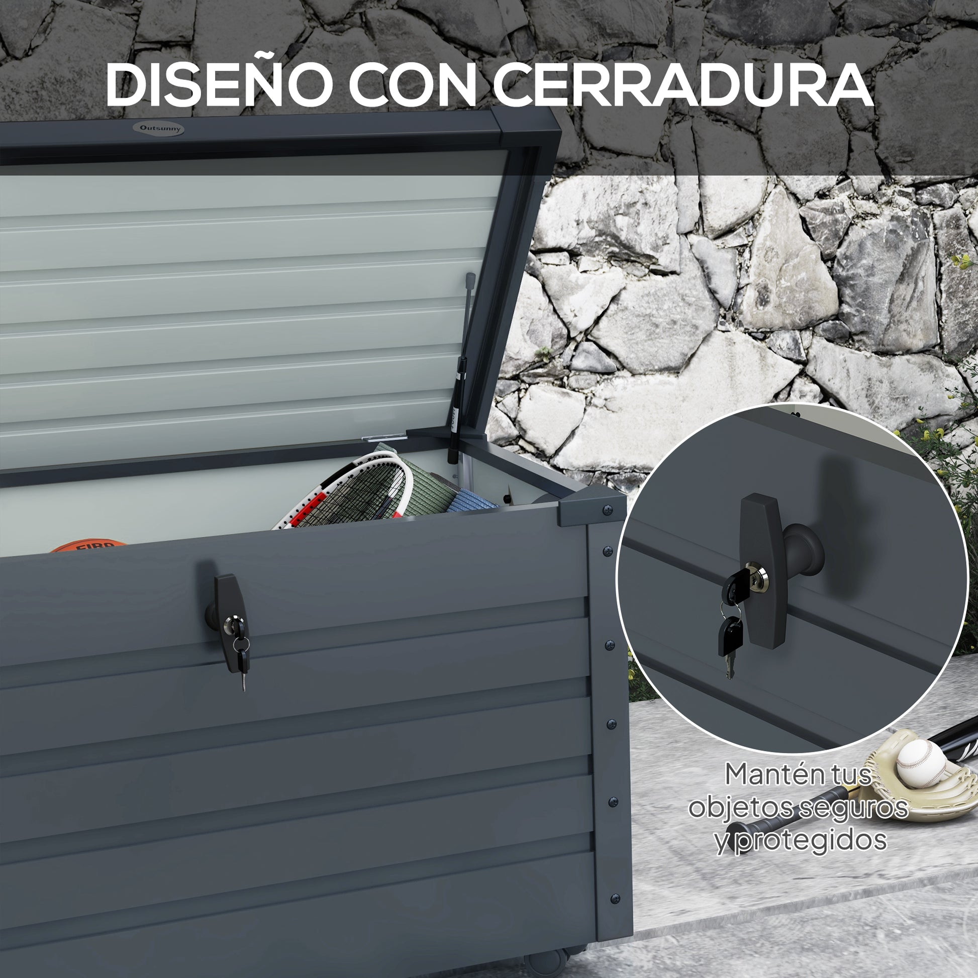 Outsunny Arcón Exterior Capacidad 295L, Baúl de Almacenaje de Acero Galvanizado con 4 Ruedas, 2 Asas y Tapa con Cerradura, Impermeable, para Jardín, Terraza, Patio, 100x62x65 cm, Gris Oscuro