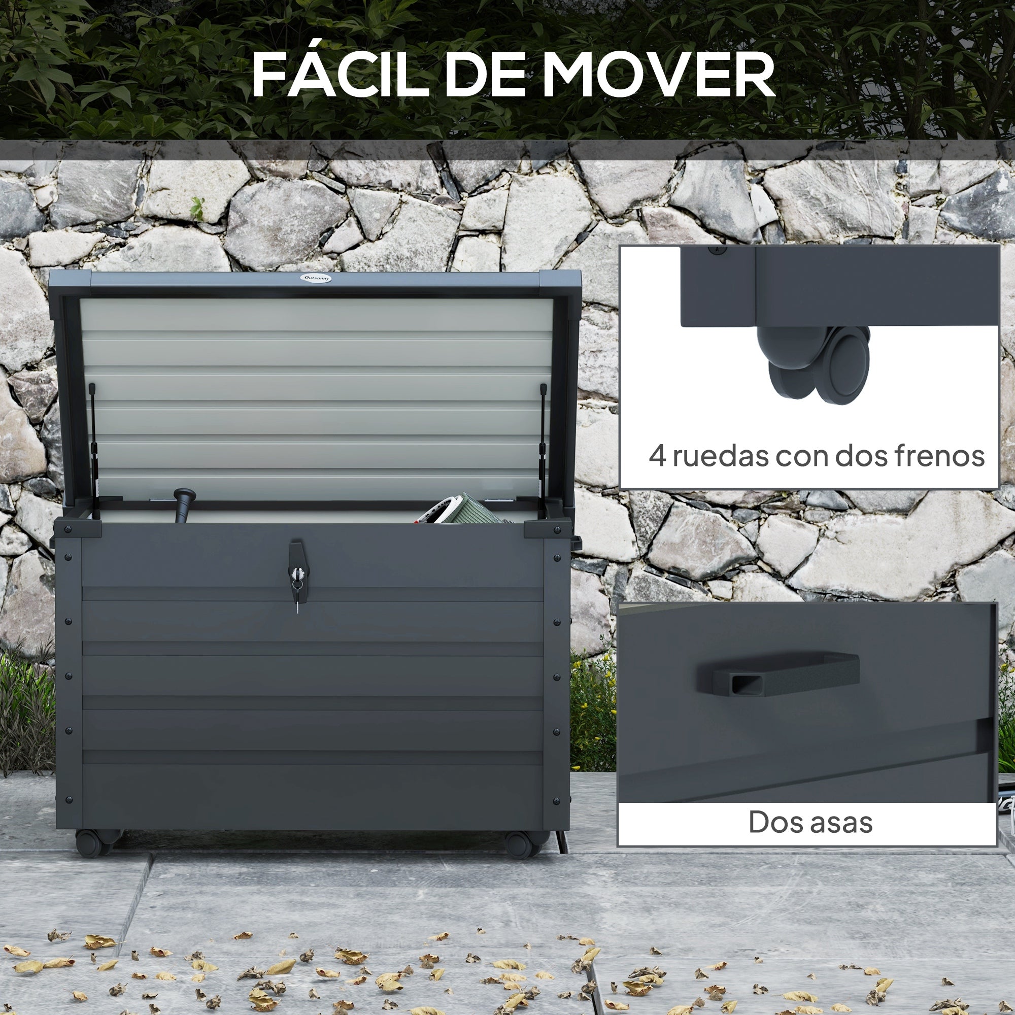 Outsunny Arcón Exterior Capacidad 295L, Baúl de Almacenaje de Acero Galvanizado con 4 Ruedas, 2 Asas y Tapa con Cerradura, Impermeable, para Jardín, Terraza, Patio, 100x62x65 cm, Gris Oscuro