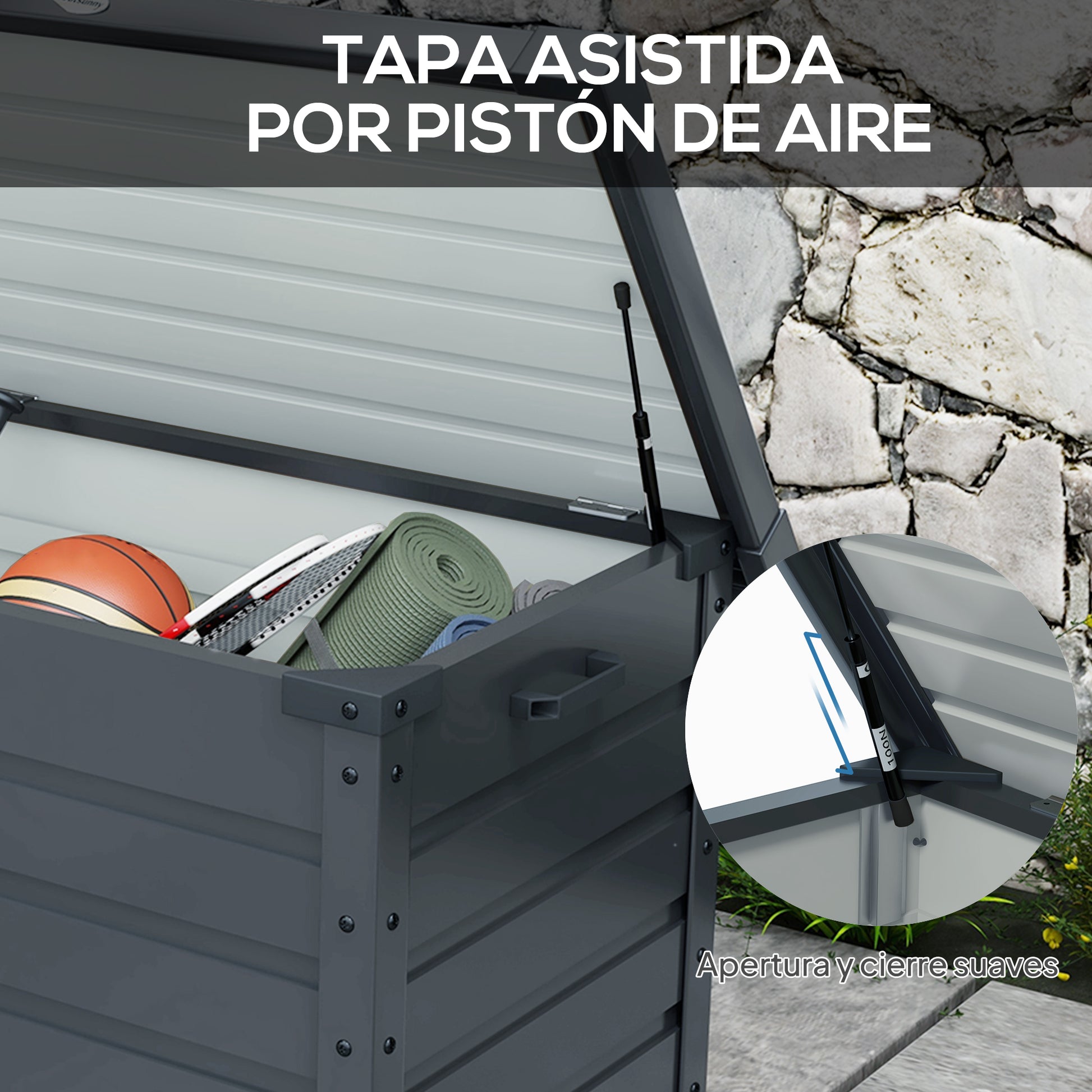 Outsunny Arcón Exterior Capacidad 295L, Baúl de Almacenaje de Acero Galvanizado con 4 Ruedas, 2 Asas y Tapa con Cerradura, Impermeable, para Jardín, Terraza, Patio, 100x62x65 cm, Gris Oscuro