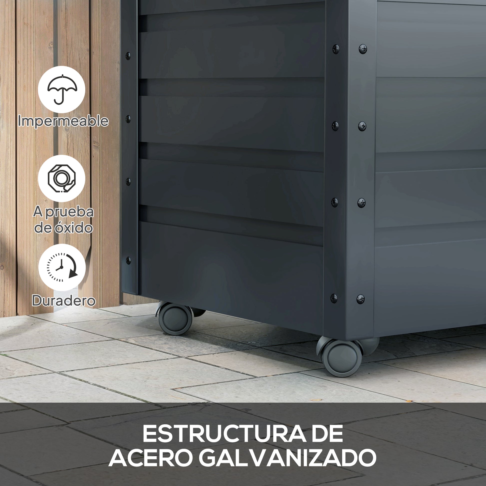 Outsunny Arcón Exterior Capacidad 295L, Baúl de Almacenaje de Acero Galvanizado con 4 Ruedas, 2 Asas y Tapa con Cerradura, Impermeable, para Jardín, Terraza, Patio, 100x62x65 cm, Gris Oscuro