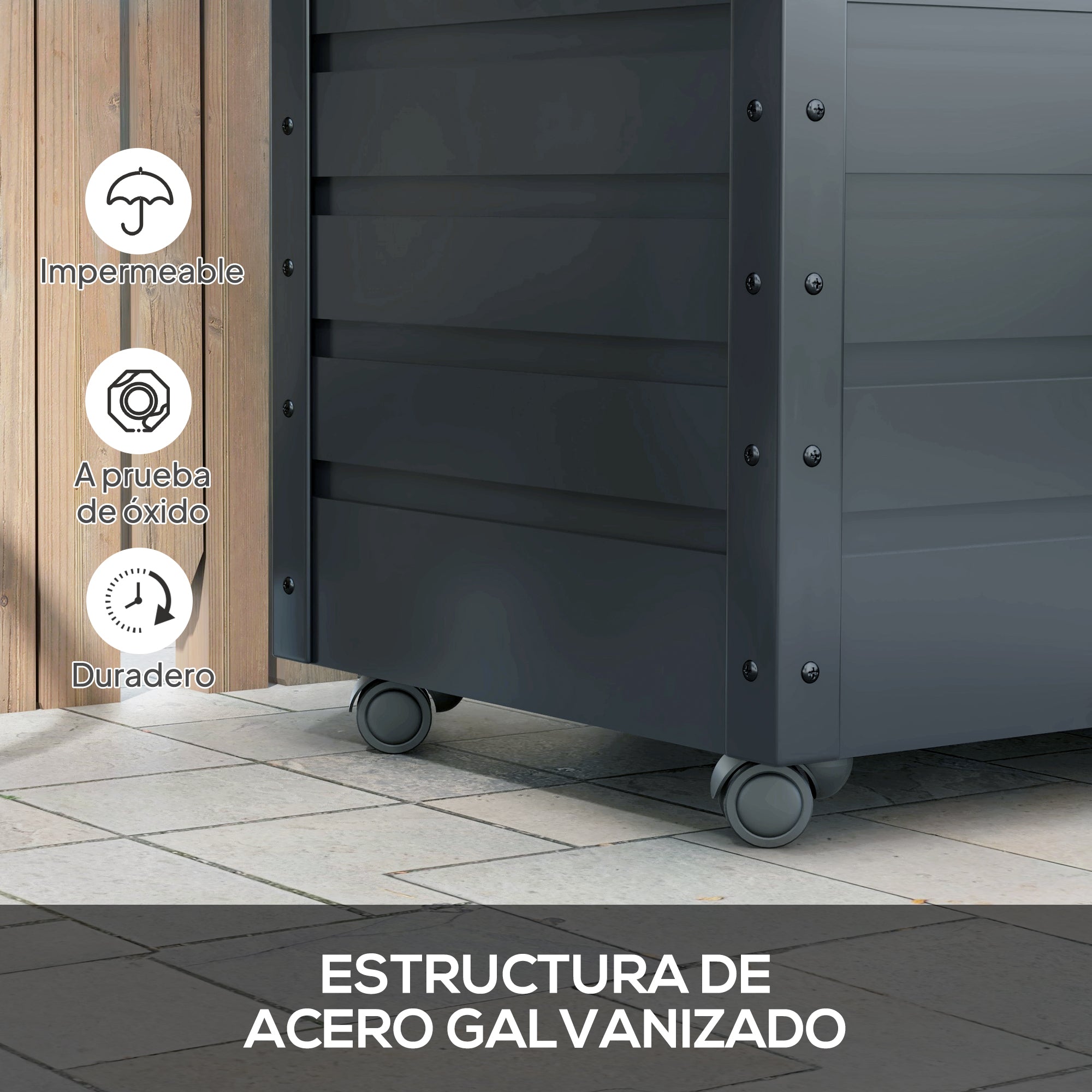 Outsunny Arcón Exterior Capacidad 295L, Baúl de Almacenaje de Acero Galvanizado con 4 Ruedas, 2 Asas y Tapa con Cerradura, Impermeable, para Jardín, Terraza, Patio, 100x62x65 cm, Gris Oscuro