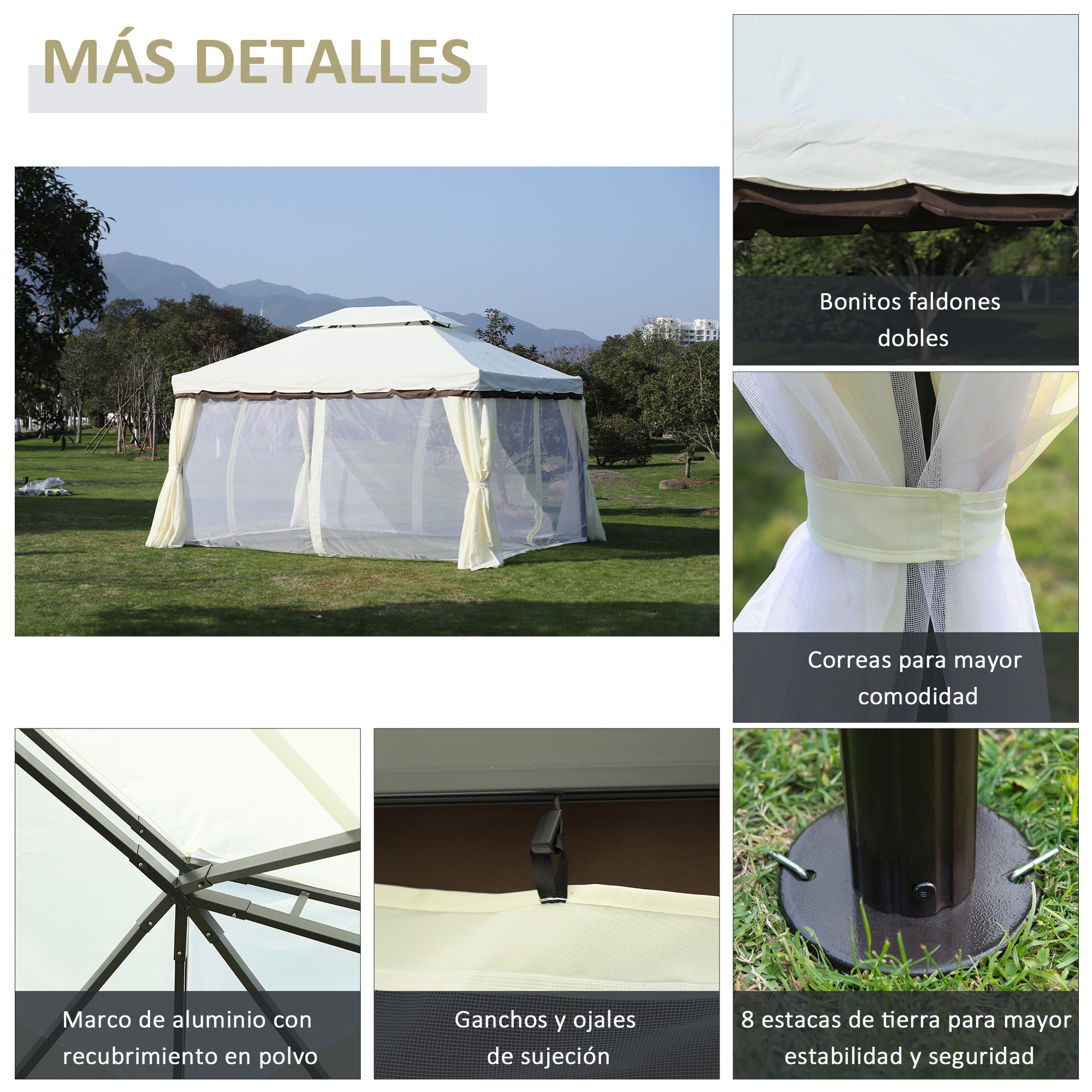 Outsunny Cenador de Jardín 4x3 m, Pabellón de Jardín Gazebo con Doble Techo, 4 Cortinas y Mosquitera, Marco de Aluminio, Orificios de Drenaje, UPF50+, Carpa para Exterior, Terraza, Patio, Blanco Crema