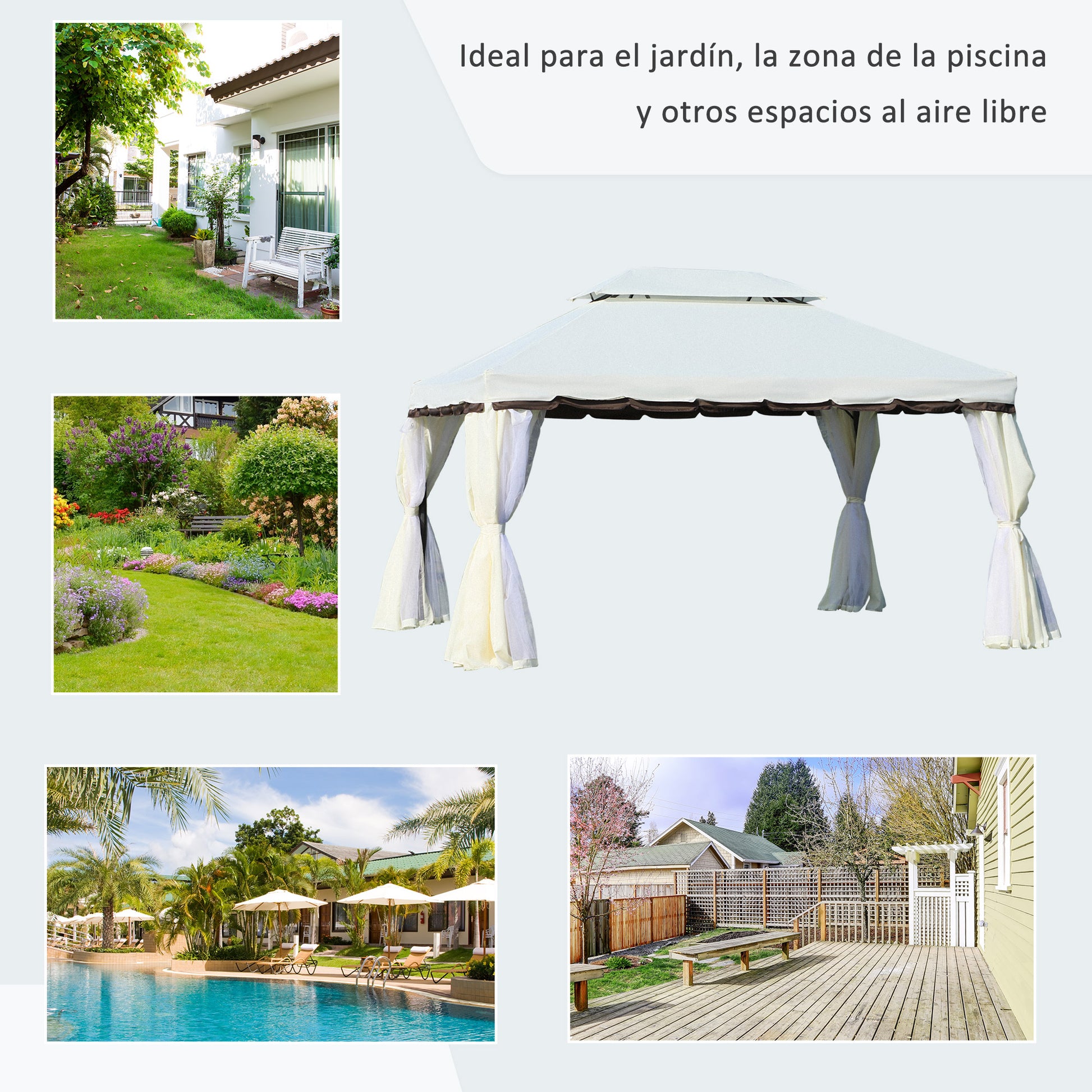 Outsunny Cenador de Jardín 4x3 m, Pabellón de Jardín Gazebo con Doble Techo, 4 Cortinas y Mosquitera, Marco de Aluminio, Orificios de Drenaje, UPF50+, Carpa para Exterior, Terraza, Patio, Blanco Crema