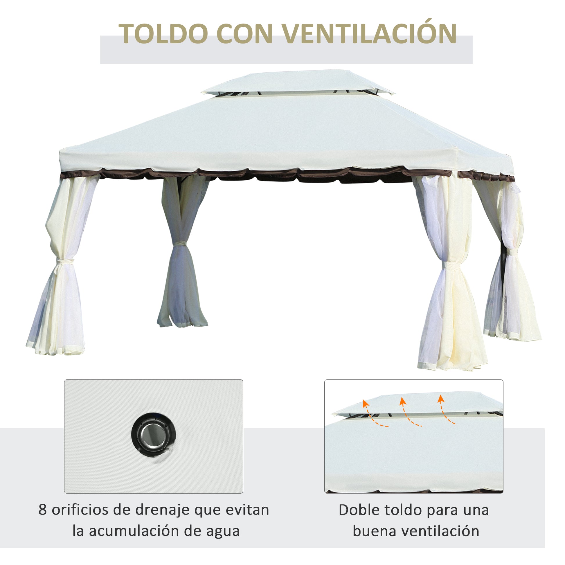 Outsunny Cenador de Jardín 4x3 m, Pabellón de Jardín Gazebo con Doble Techo, 4 Cortinas y Mosquitera, Marco de Aluminio, Orificios de Drenaje, UPF50+, Carpa para Exterior, Terraza, Patio, Blanco Crema