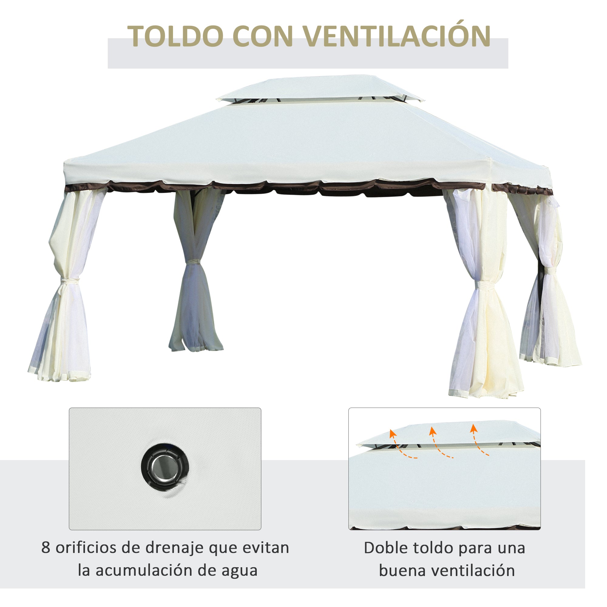 Outsunny Cenador de Jardín 4x3 m, Pabellón de Jardín Gazebo con Doble Techo, 4 Cortinas y Mosquitera, Marco de Aluminio, Orificios de Drenaje, UPF50+, Carpa para Exterior, Terraza, Patio, Blanco Crema