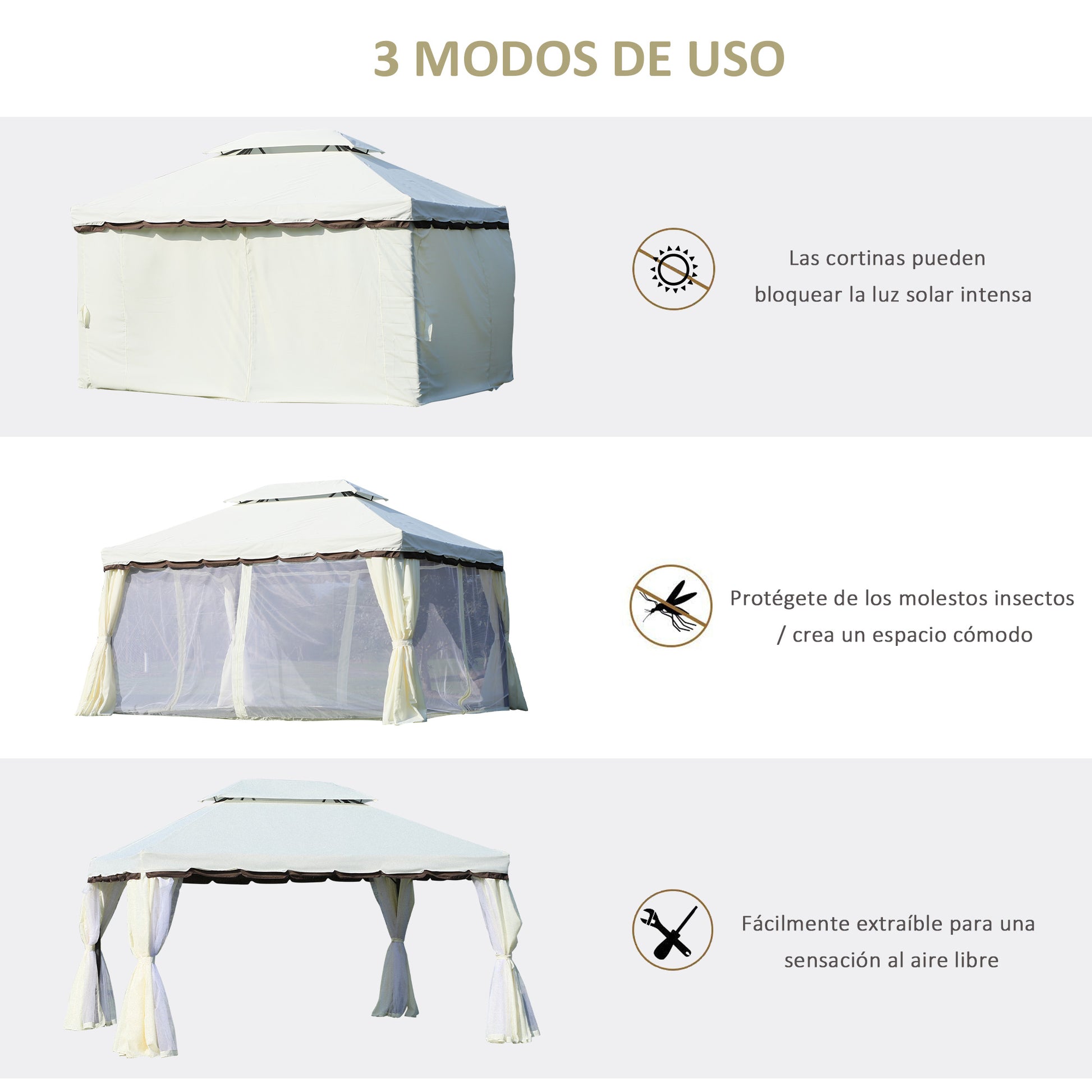 Outsunny Cenador de Jardín 4x3 m, Pabellón de Jardín Gazebo con Doble Techo, 4 Cortinas y Mosquitera, Marco de Aluminio, Orificios de Drenaje, UPF50+, Carpa para Exterior, Terraza, Patio, Blanco Crema
