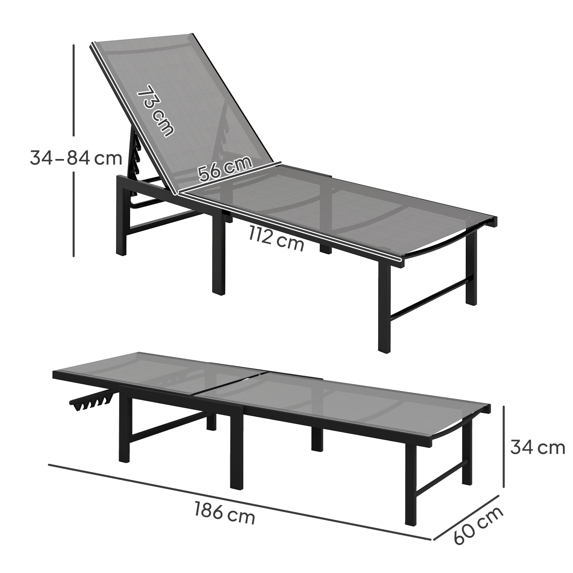 Outsunny Tumbona Jardín Exterior, Tumbona Reclinable con Respaldo Ajustable en 5 Niveles y Estructura de Acero, Impermeable, Carga 120 kg, para Patio, Terraza, Balcón, 166x60x84 cm, Gris