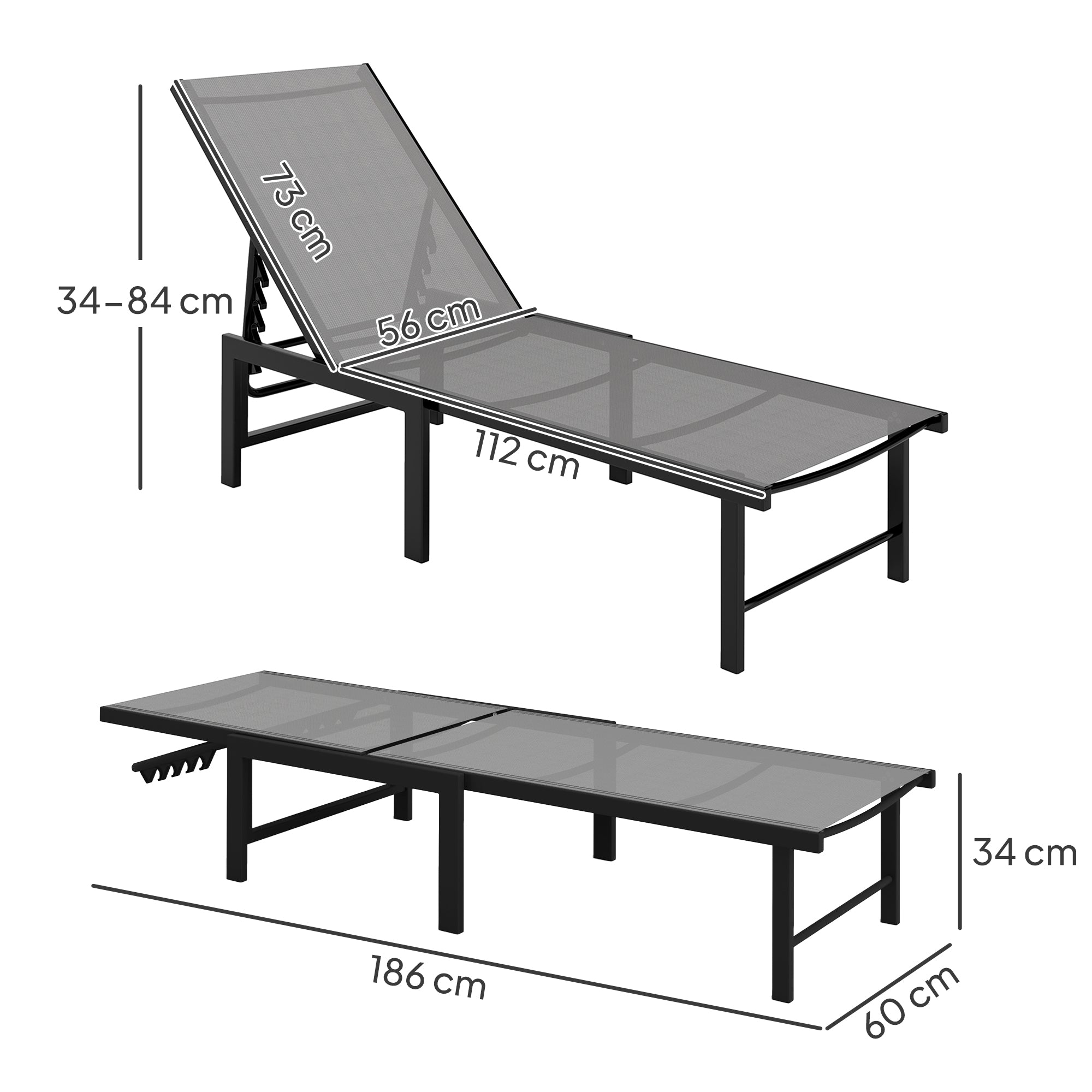Outsunny Tumbona Jardín Exterior, Tumbona Reclinable con Respaldo Ajustable en 5 Niveles y Estructura de Acero, Impermeable, Carga 120 kg, para Patio, Terraza, Balcón, 166x60x84 cm, Gris