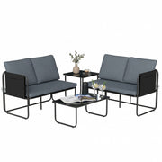 Outsunny Conjunto Jardín Exterior de 4 Piezas, Muebles Jardín Exterior con 2 Sofás 2 Plazas, 2 Mesas de Vidrio, Cojines, Fundas Extraíbles, Bolsillos, Tela Textilene Transpirable, Marco Acero, Gris