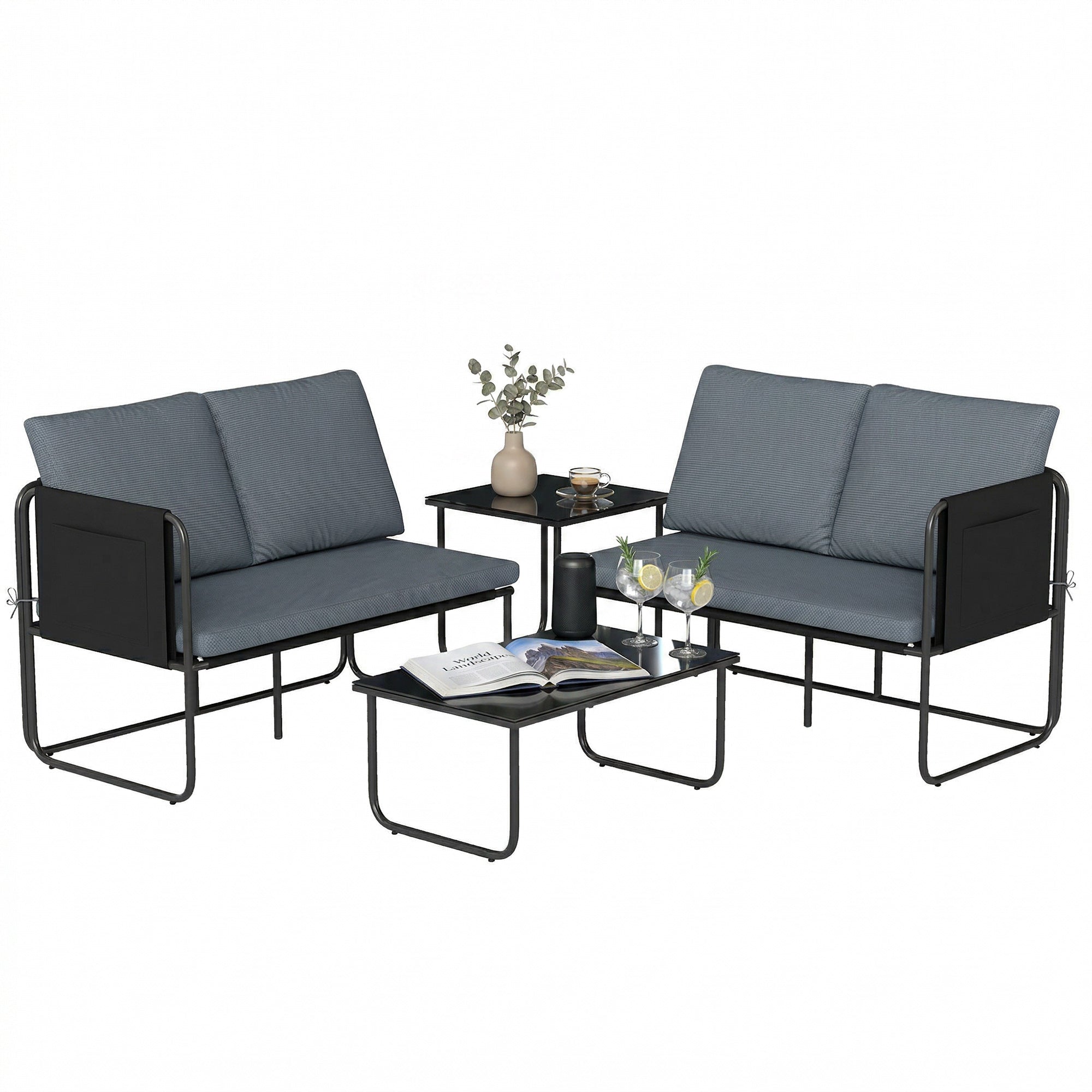 Outsunny Conjunto Jardín Exterior de 4 Piezas, Muebles Jardín Exterior con 2 Sofás 2 Plazas, 2 Mesas de Vidrio, Cojines, Fundas Extraíbles, Bolsillos, Tela Textilene Transpirable, Marco Acero, Gris