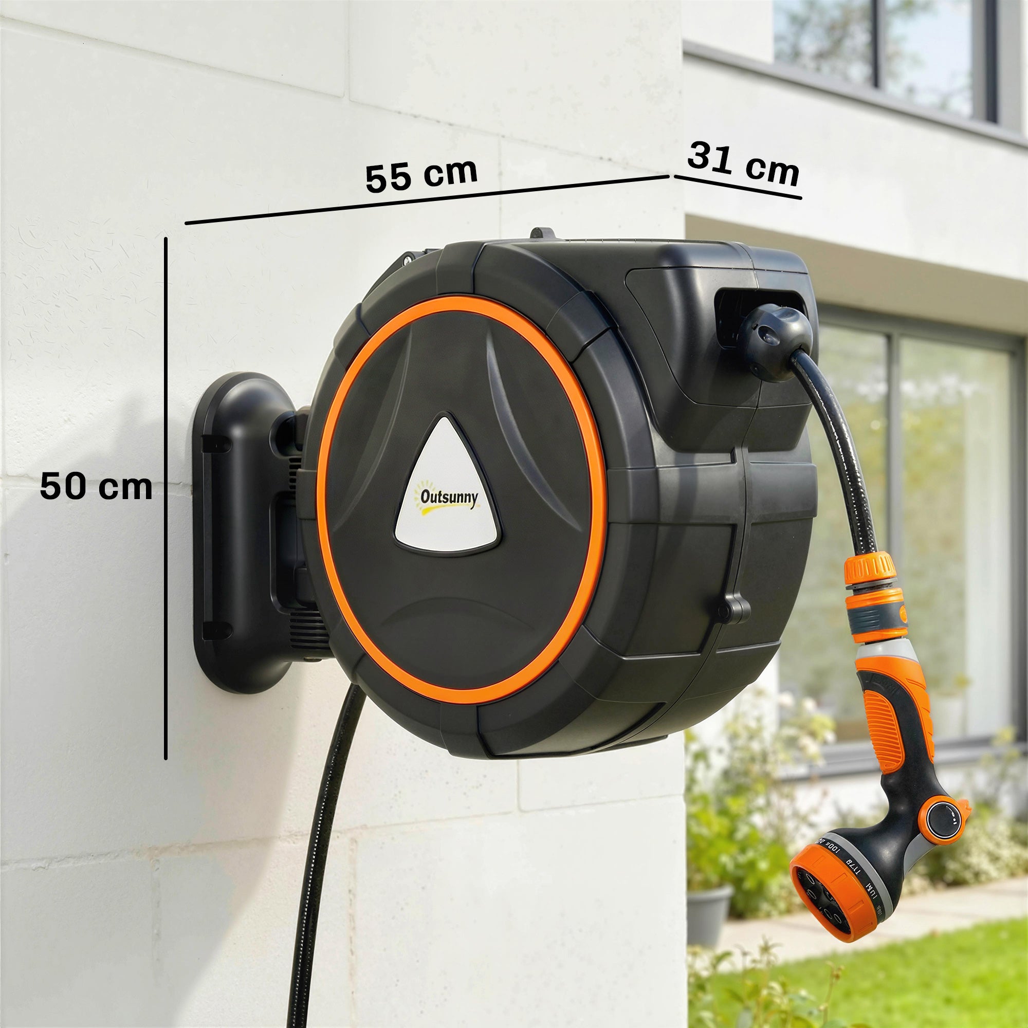 Outsunny Enrollador de Manguera para Jardín 28+2 m con 12 Modos de Rociado, Carrete de Manguera de Jardín de Pared con Bloqueo Automático y Retracción Controlada, Soporte Orientable 180°, Naranja