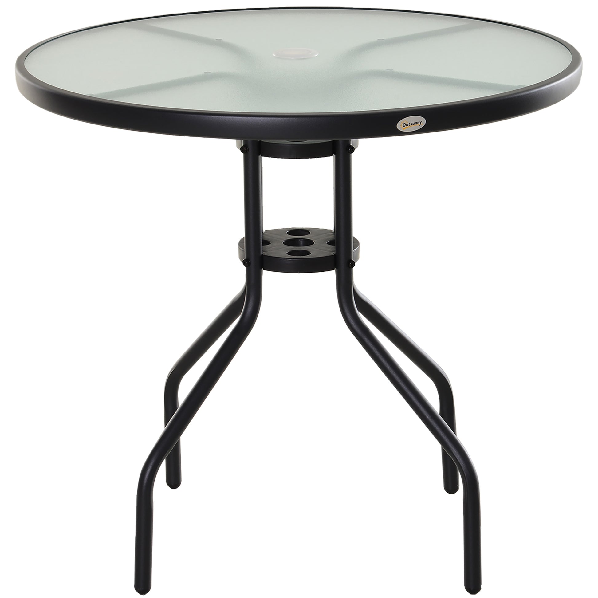 Outsunny Mesa de Jardín Redonda Mesa Comedor de Cristal Templado con Agujero para Sombrilla y Estructura Metálica para Patio Terraza Balcón Exterior Ø80x72 cm Negro