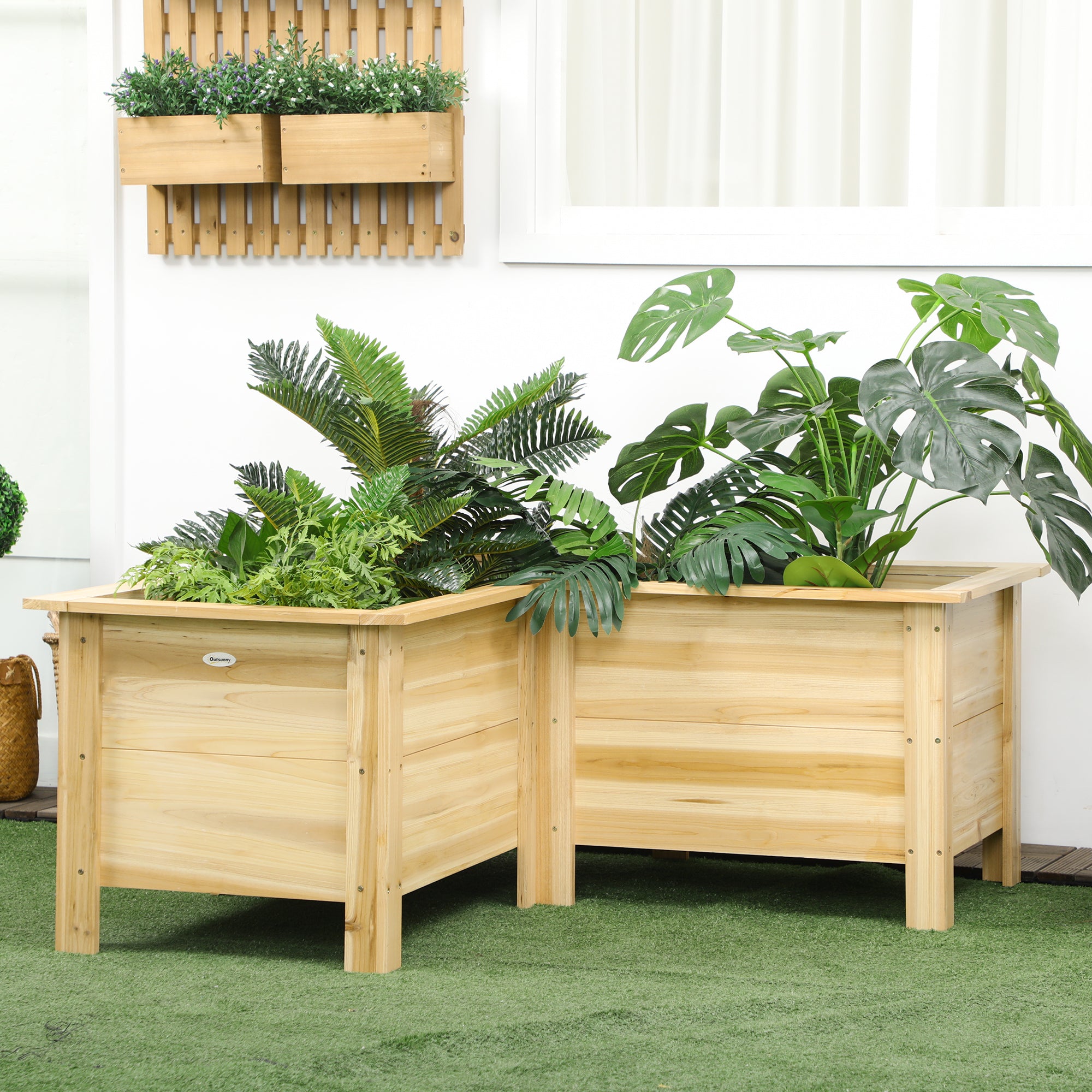 Outsunny Jardinera Elevada de Madera, Macetero Exterior en Forma de L con Tela no Tejido, Huerto Urbano para Cultivos de Plantas, Flores en Terraza, Jardín, 120x120x50 cm, Natural