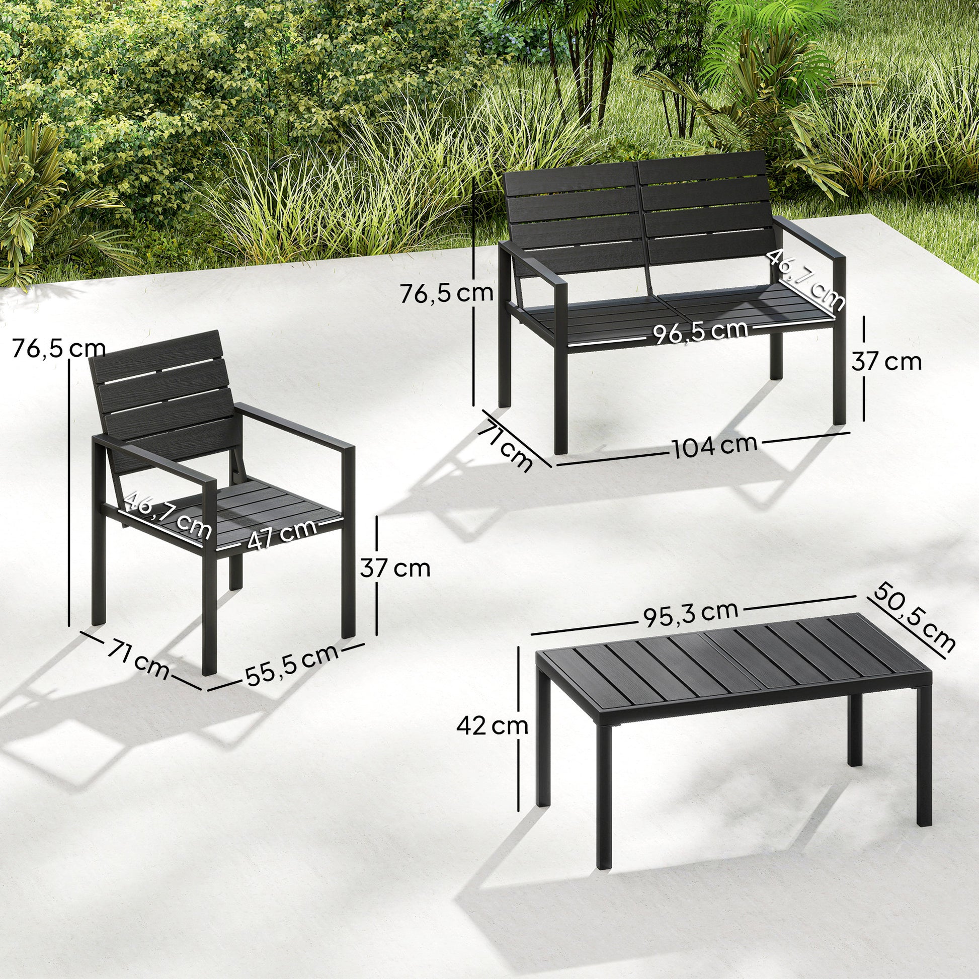 Outsunny Conjunto de Muebles de Jardín para 4 Personas, Sofá de Jardín de 4 Piezas con Sofá de 2 Plazas, 2 Sillones, Mesa de Centro, Estructura Metálica, Negro