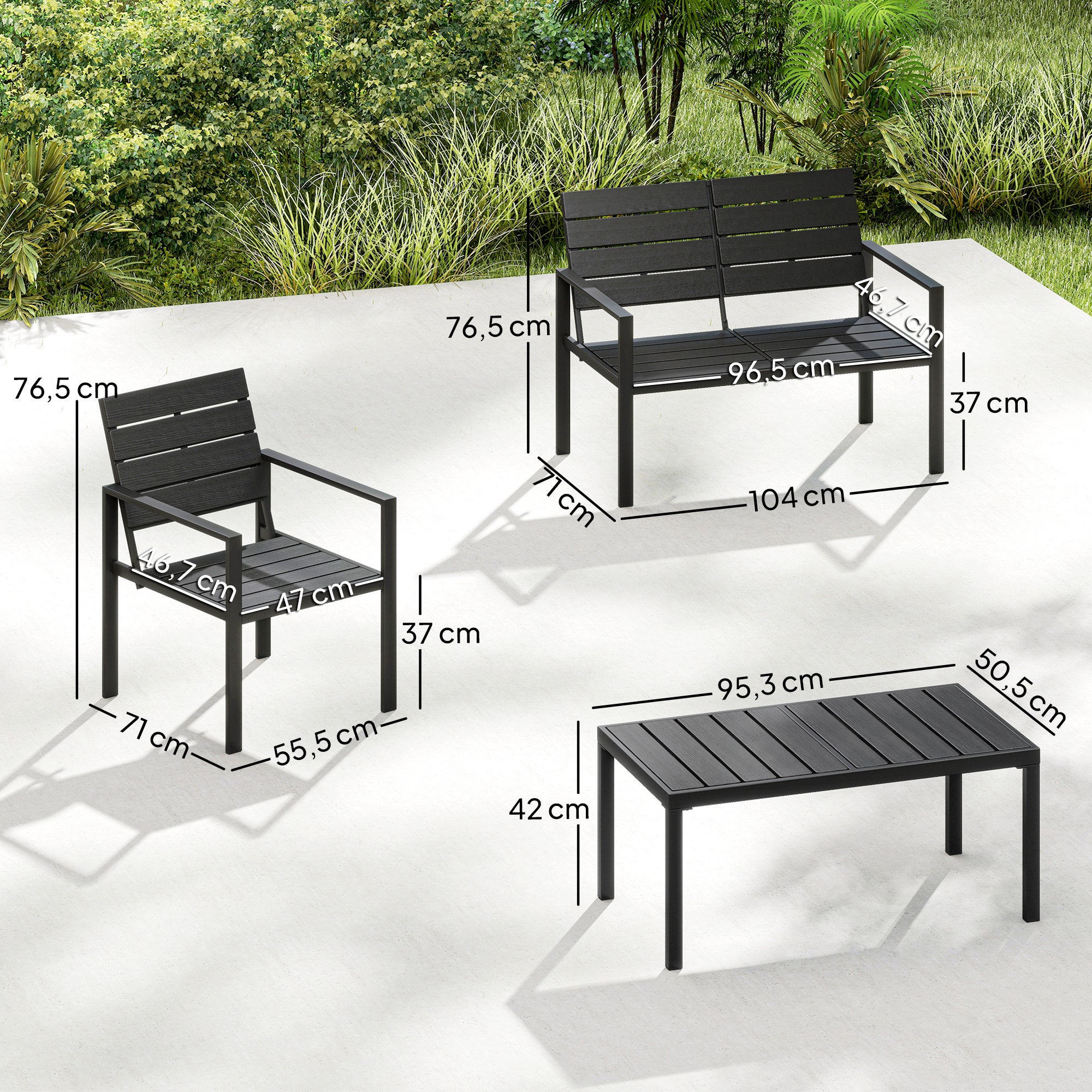 Outsunny Conjunto de Muebles de Jardín para 4 Personas, Sofá de Jardín de 4 Piezas con Sofá de 2 Plazas, 2 Sillones, Mesa de Centro, Estructura Metálica, Negro