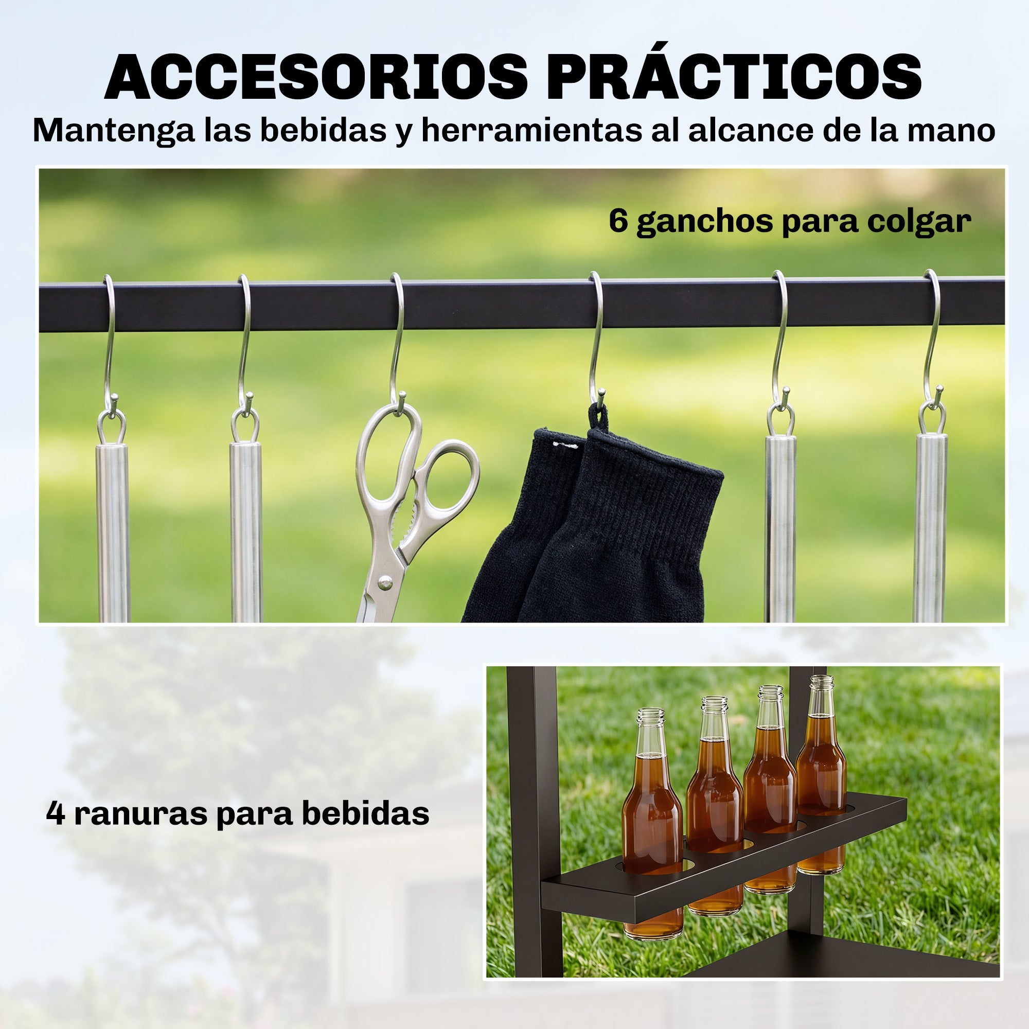 Outsunny Carrito de Barbacoa de 2 Niveles Mesa Auxiliar para Barbacoa Móvil con Ruedas Portabebidas Ganchos Asa Encimera Imitación madera Mesa de Horno de Pizza para Exterior Negro y Marrón