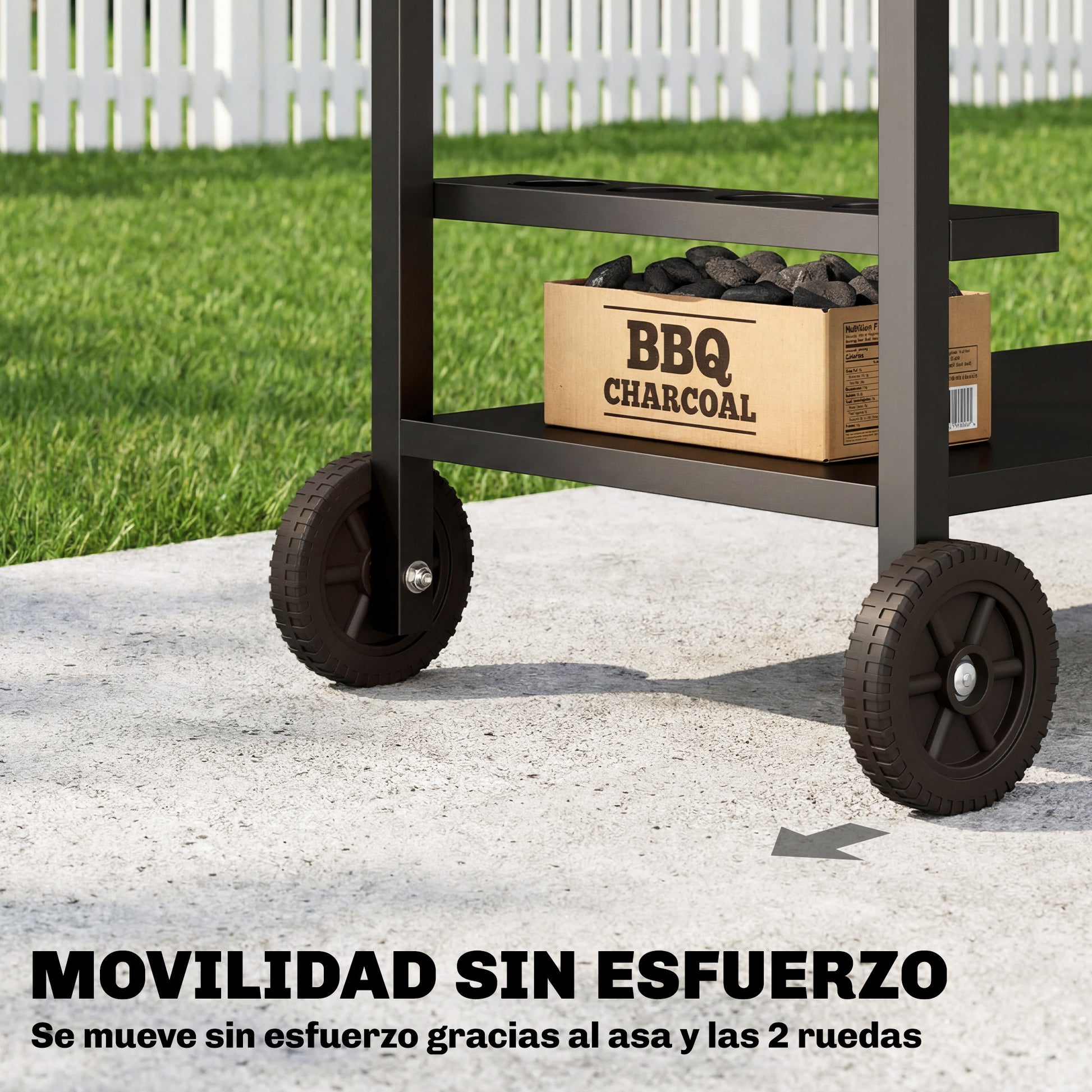 Outsunny Carrito de Barbacoa de 2 Niveles Mesa Auxiliar para Barbacoa Móvil con Ruedas Portabebidas Ganchos Asa Encimera Imitación madera Mesa de Horno de Pizza para Exterior Negro y Marrón