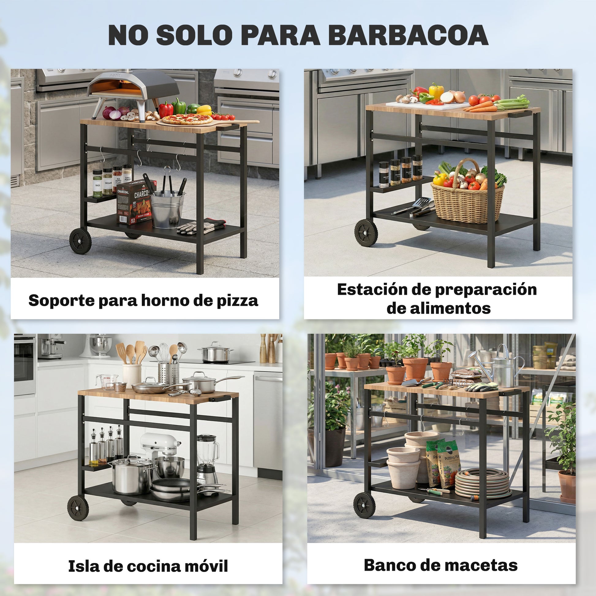 Outsunny Carrito de Barbacoa de 2 Niveles Mesa Auxiliar para Barbacoa Móvil con Ruedas Portabebidas Ganchos Asa Encimera Imitación madera Mesa de Horno de Pizza para Exterior Negro y Marrón