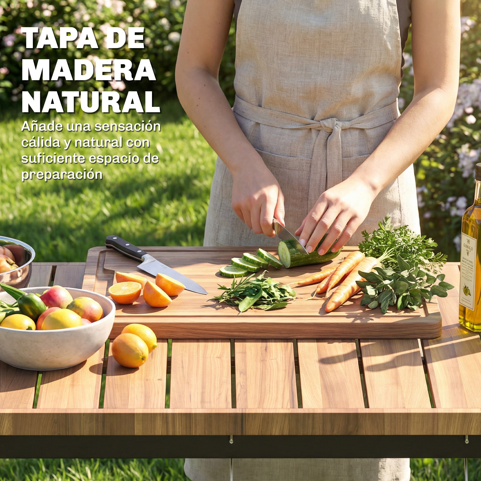 Outsunny Carrito de Barbacoa de 2 Niveles Mesa Auxiliar para Barbacoa Móvil con Ruedas Portabebidas Ganchos Asa Encimera Imitación madera Mesa de Horno de Pizza para Exterior Negro y Marrón