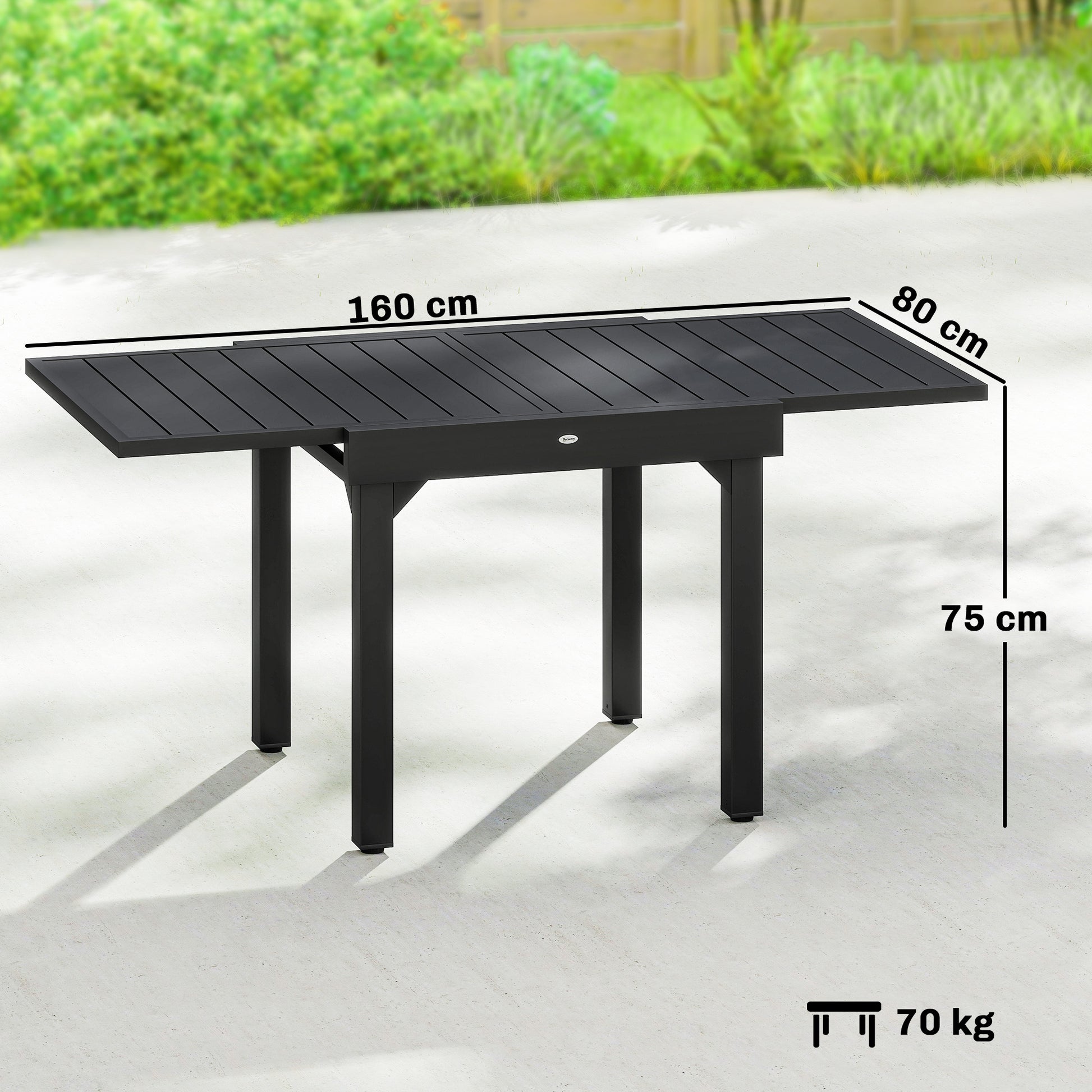 Outsunny Mesa de Jardín Extensible, Mesa de Comedor Exterior Extensible 80/160x80 cm, de Aluminio, con Superficie de Lamas, Carga 70 kg, Mesita Rectangular para 4-6 Personas, para Patio, Terraza, Negro