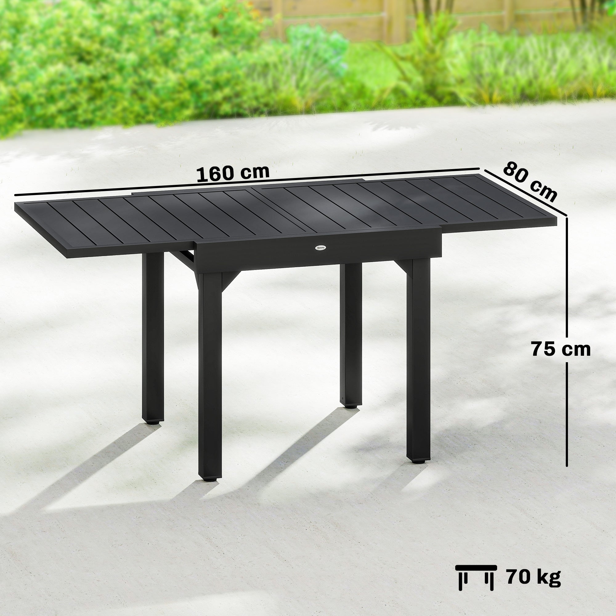 Outsunny Mesa de Jardín Extensible, Mesa de Comedor Exterior Extensible 80/160x80 cm, de Aluminio, con Superficie de Lamas, Carga 70 kg, Mesita Rectangular para 4-6 Personas, para Patio, Terraza, Negro