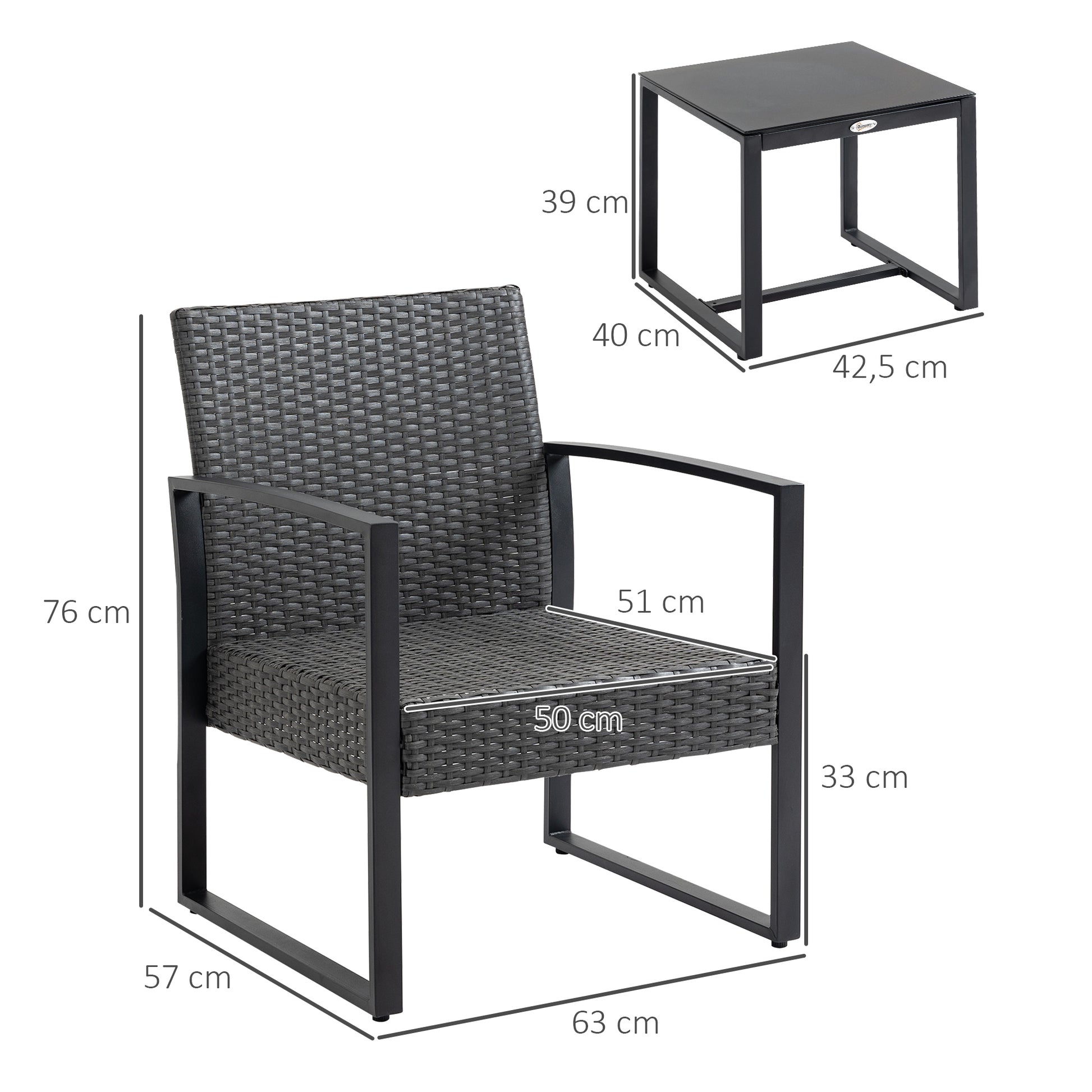 Outsunny Conjunto de Jardín Exterior de 3 Piezas Juego de 2 Sillas y Mesa de Ratán con Cojines Acolchados y Encimera de Vidrio para Balcón Terraza Gris y Negro