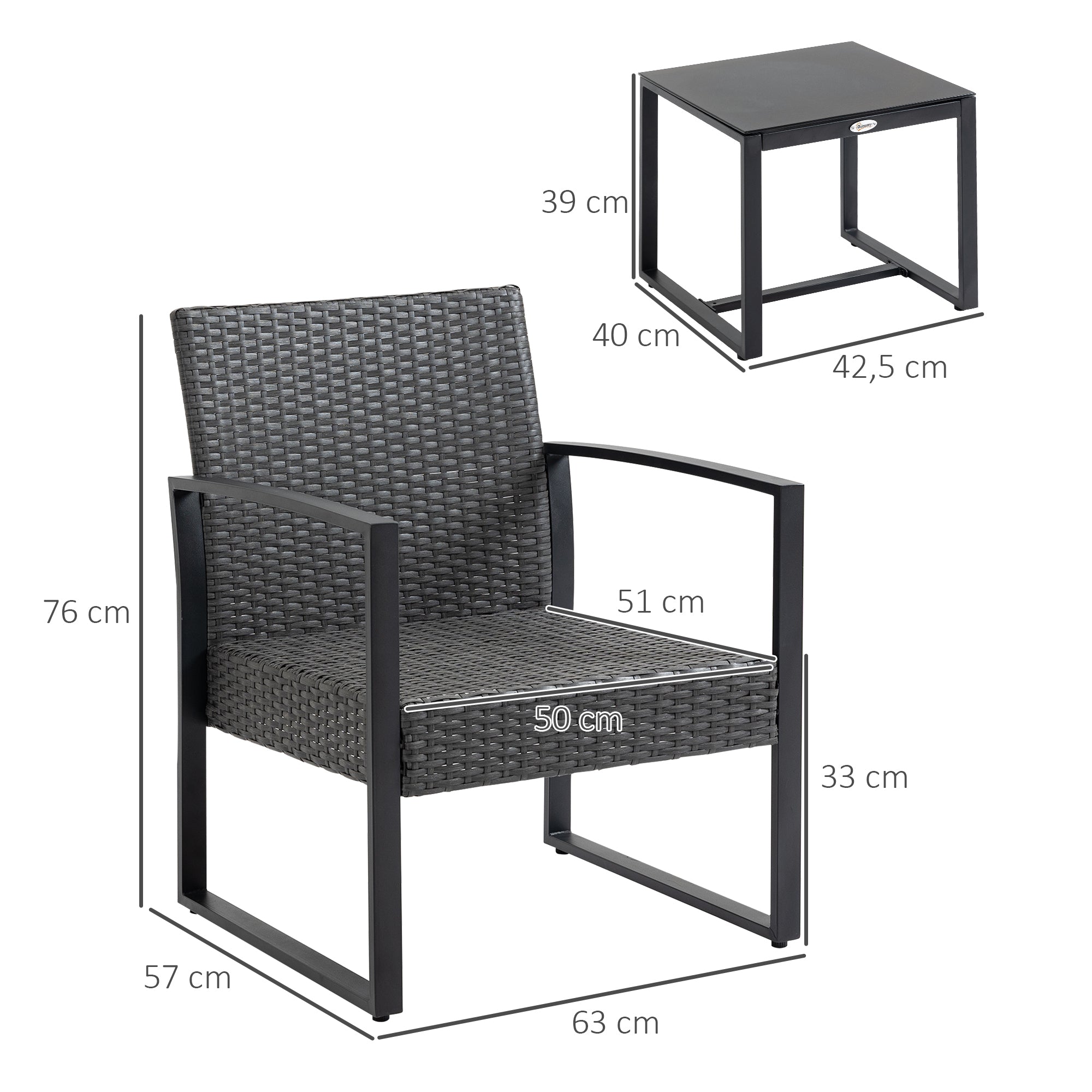 Outsunny Conjunto de Jardín Exterior de 3 Piezas Juego de 2 Sillas y Mesa de Ratán con Cojines Acolchados y Encimera de Vidrio para Balcón Terraza Gris y Negro