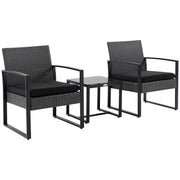 Outsunny Conjunto de Jardín Exterior de 3 Piezas Juego de 2 Sillas y Mesa de Ratán con Cojines Acolchados y Encimera de Vidrio para Balcón Terraza Gris y Negro