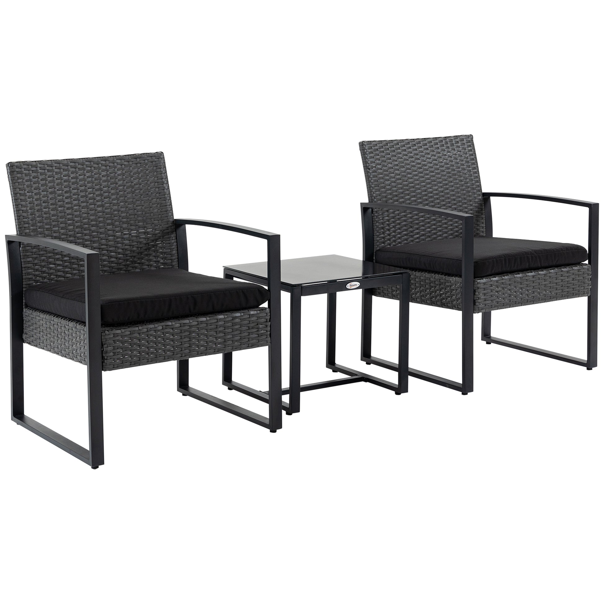 Outsunny Conjunto de Jardín Exterior de 3 Piezas Juego de 2 Sillas y Mesa de Ratán con Cojines Acolchados y Encimera de Vidrio para Balcón Terraza Gris y Negro