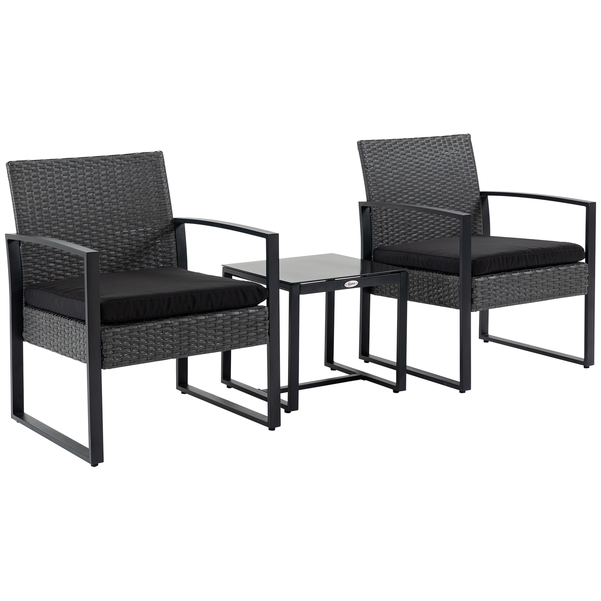 Outsunny Conjunto de Jardín Exterior de 3 Piezas Juego de 2 Sillas y Mesa de Ratán con Cojines Acolchados y Encimera de Vidrio para Balcón Terraza Gris y Negro